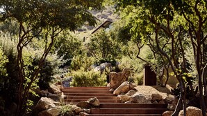 A set of outdoor stone steps leading up a hill, surrounded by large rocks and trees. - Sanctuary Camelback Mountain Resort and Spa (Paradise Valley)