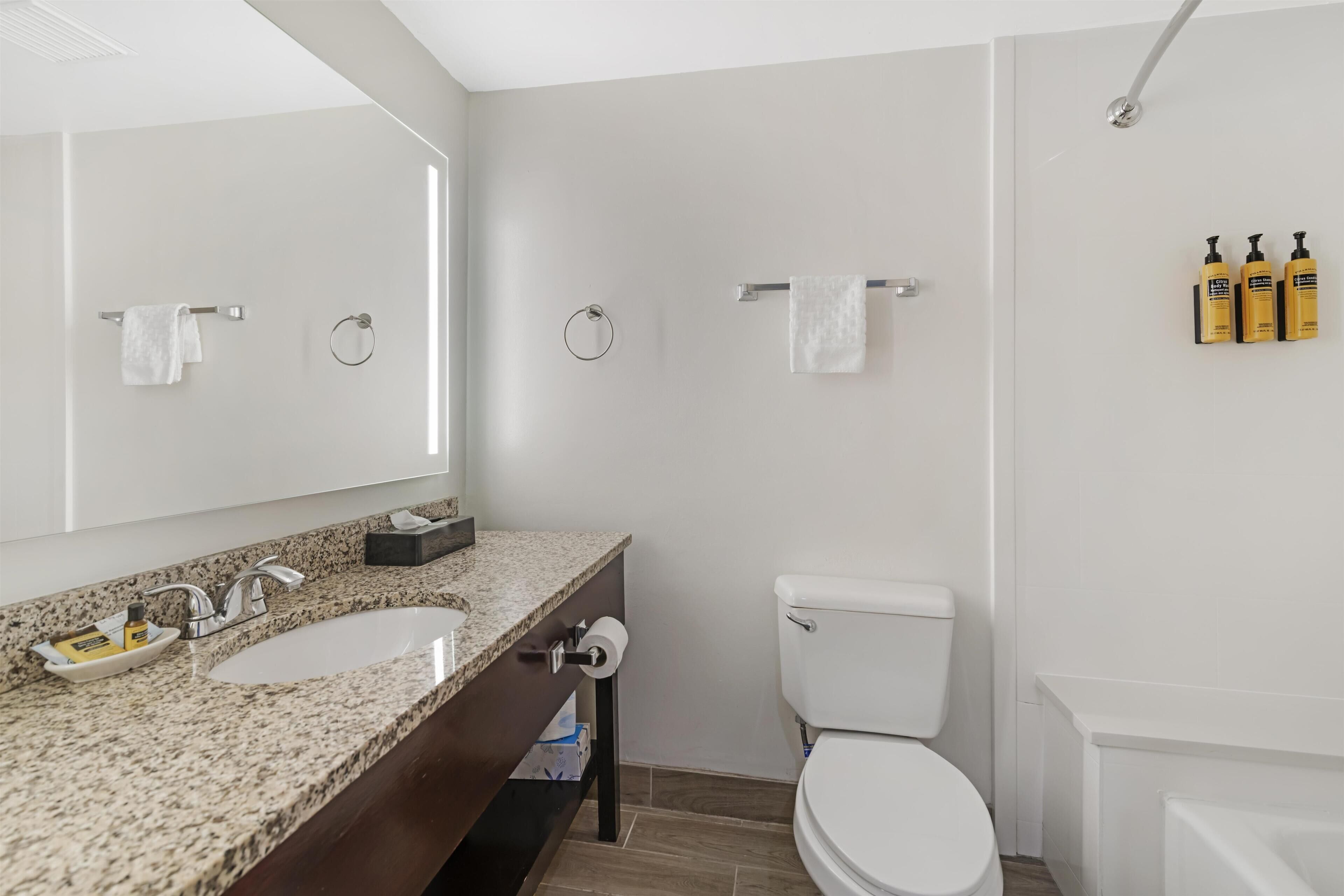 A modern bathroom with a granite countertop sink, a toilet, and a shower.