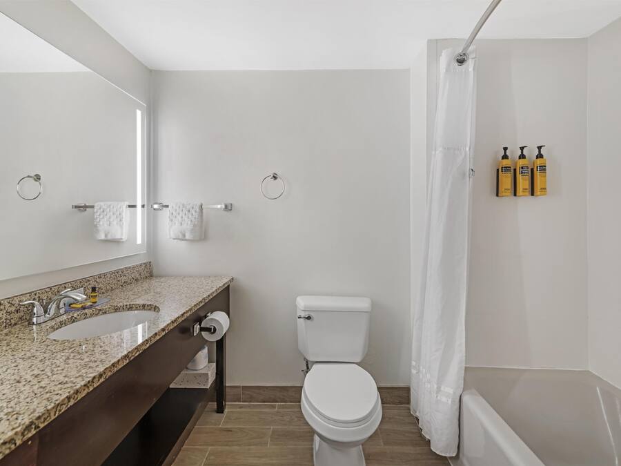 A bathroom with a sink, toilet, and shower curtain.