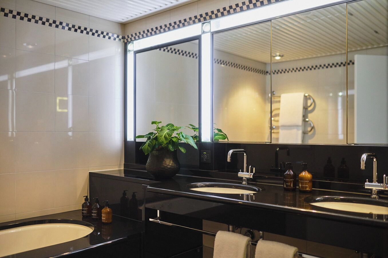 A modern bathroom with two sinks, a large mirror, and a potted plant.