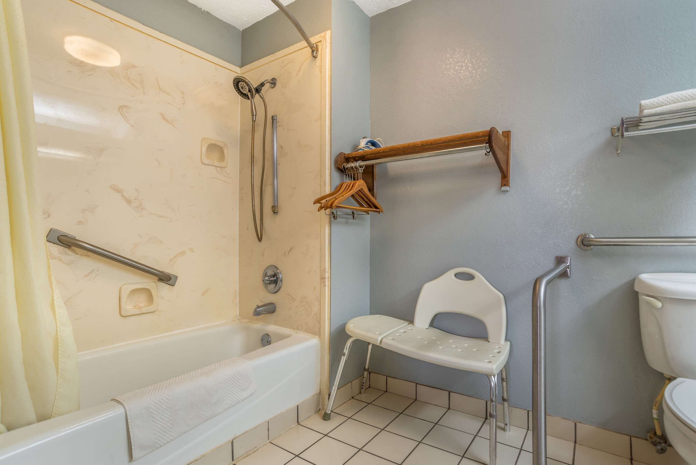 A bathroom with a bathtub, shower, grab bars, a wheelchair-accessible bench, and a toilet.