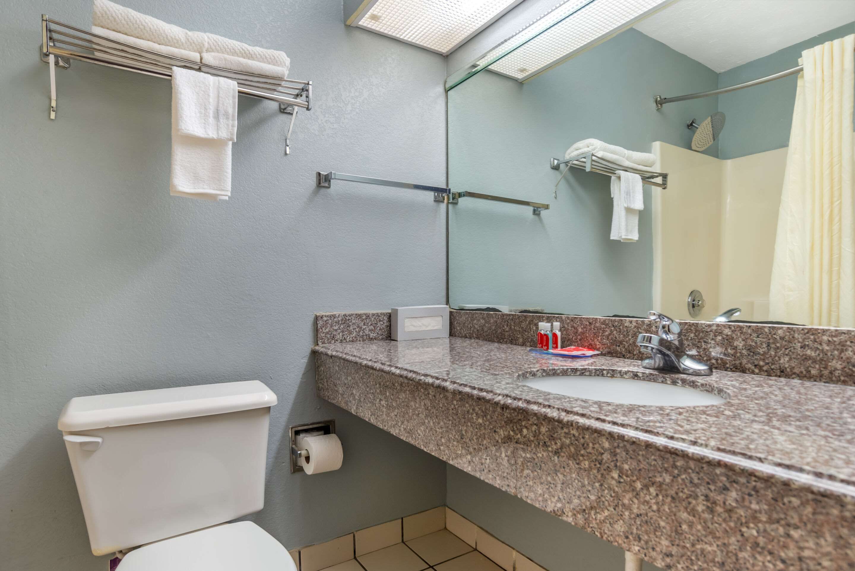 A bathroom with a toilet, sink, and towel rack.