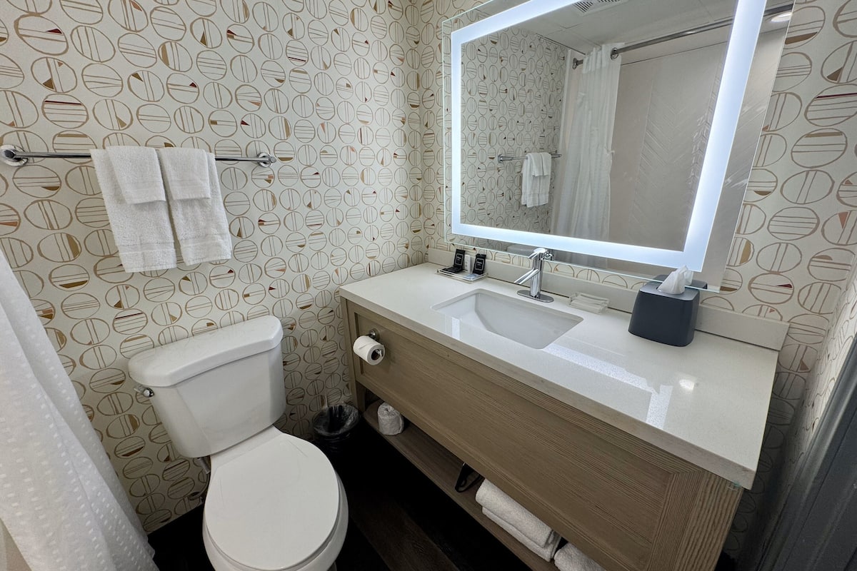 combined shower/bathtub, hair dryer, towels