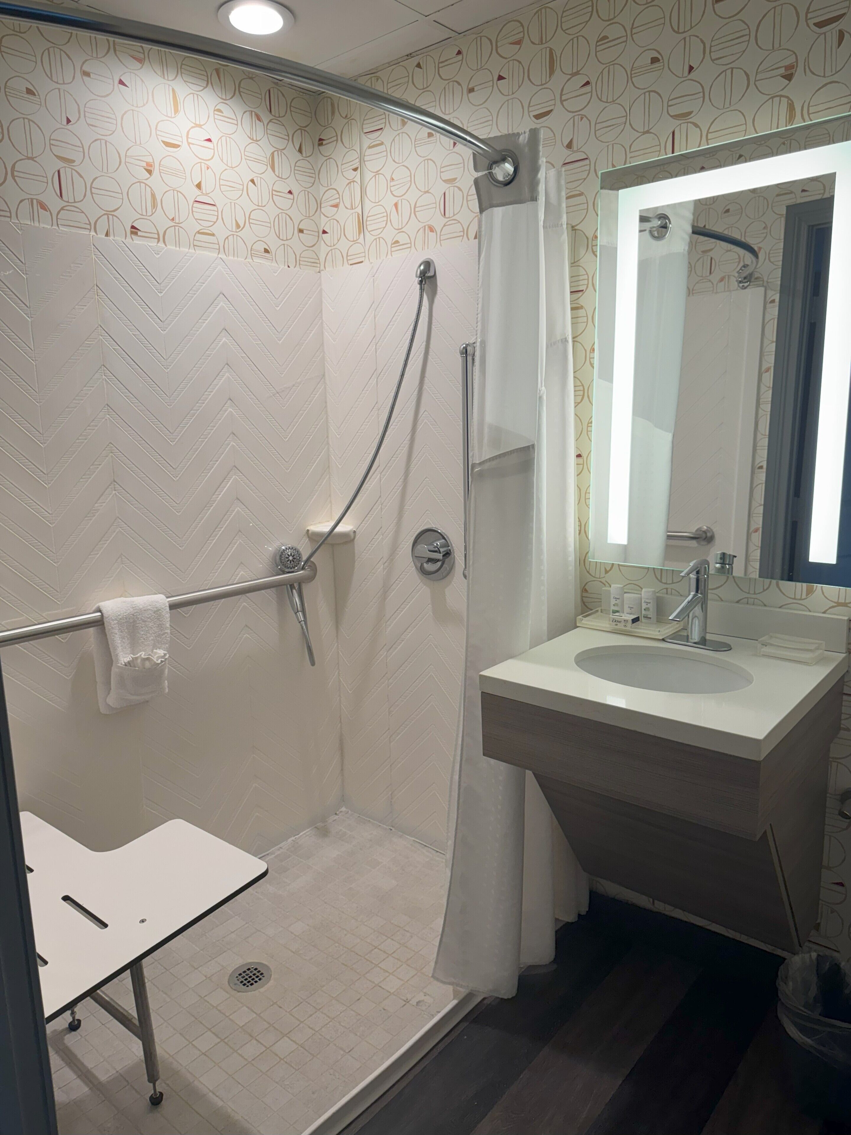 room, 1 king bed, mobility accessible, non smoking (roll-in shower) | bathroom | combined shower/bathtub, hair dryer, towels