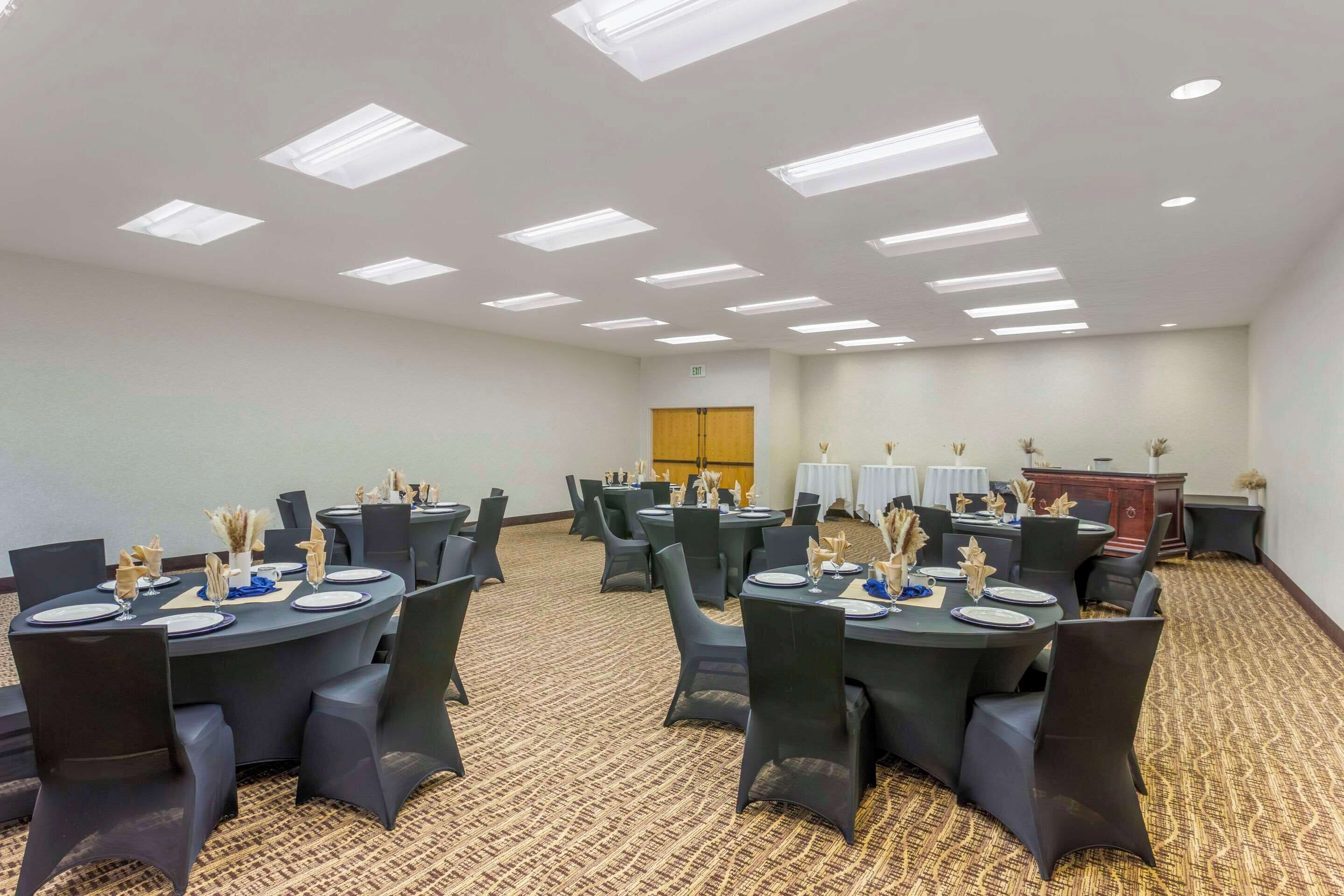A conference room with round tables, black chairs, and a carpeted floor.