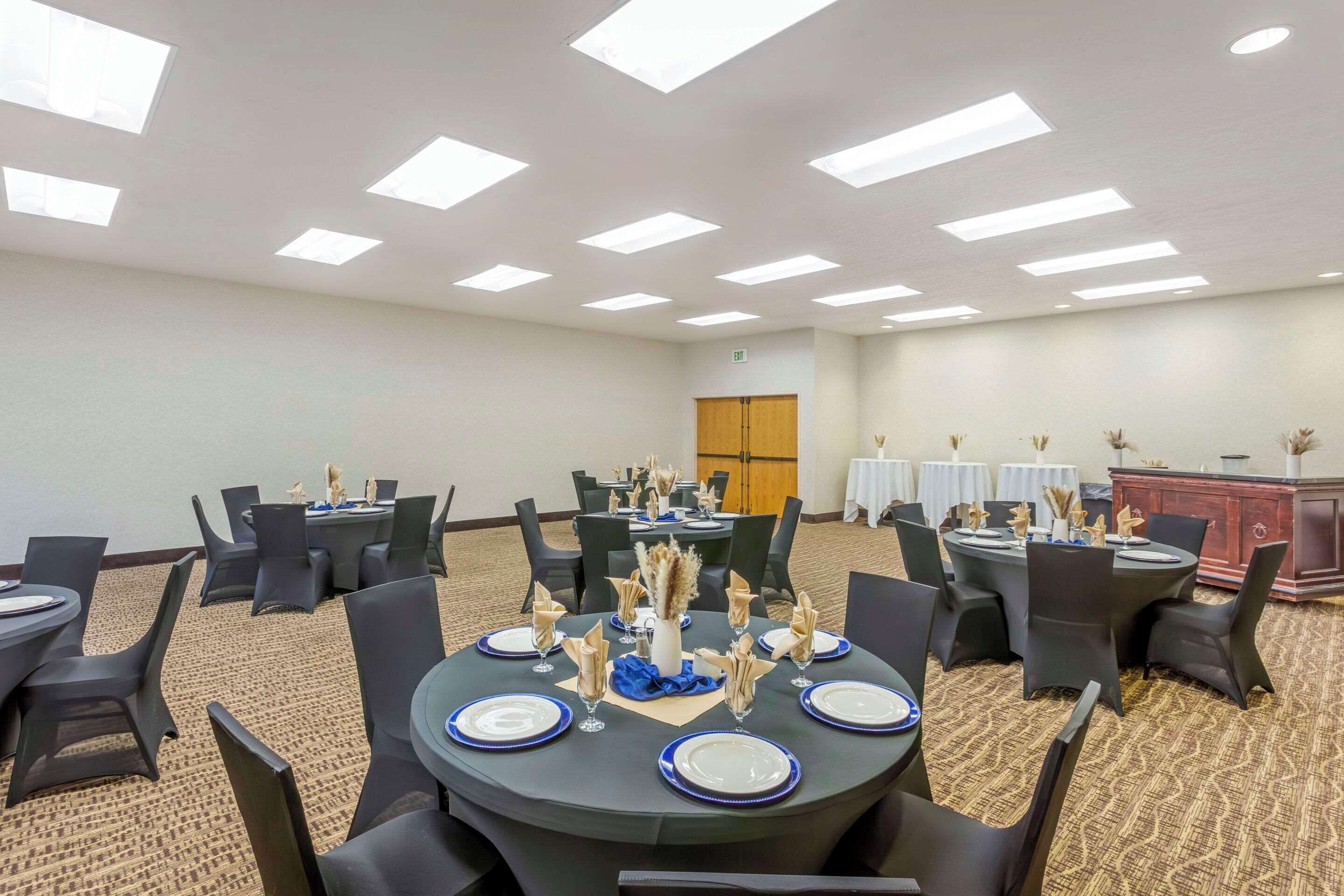 A conference room with round tables, black chairs, and a carpeted floor.