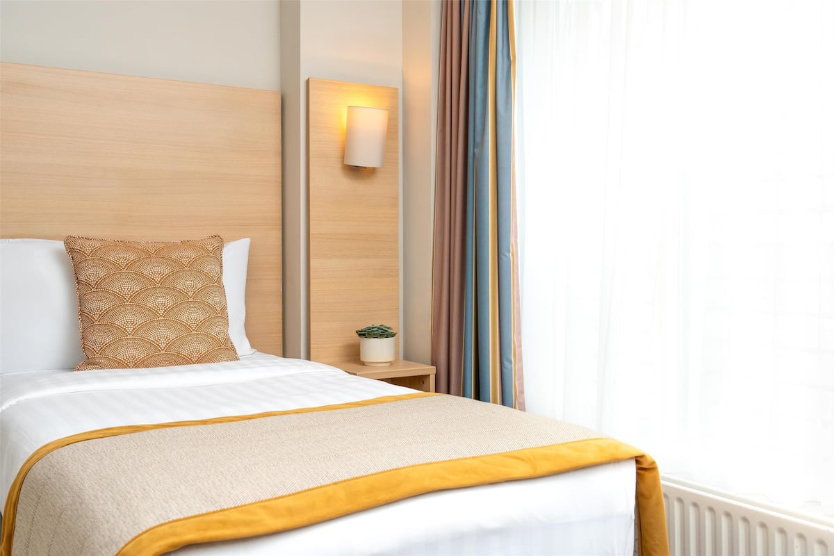 Una habitación de hotel con una cama, una mesita de noche con lámpara, una planta en maceta y una ventana con cortinas.