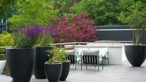Una terraza en la azotea con grandes macetas negras, una zona de estar con sillas y cojines, y vistas de árboles y edificios circundantes.