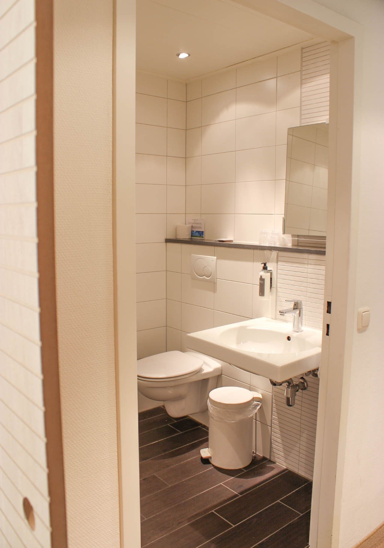 Un baño pequeño con inodoro, lavabo y espejo.