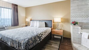 Una habitación de hotel con cama, mesitas de noche, lámpara, zona de ducha y ventana con cortinas.