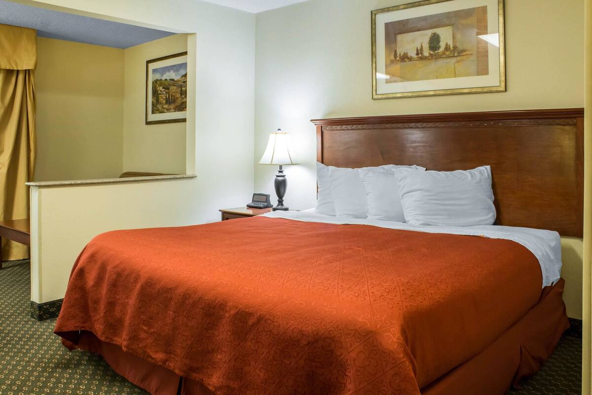 A hotel room with a large bed, a nightstand with a lamp, a painting on the wall, and a window with curtains.