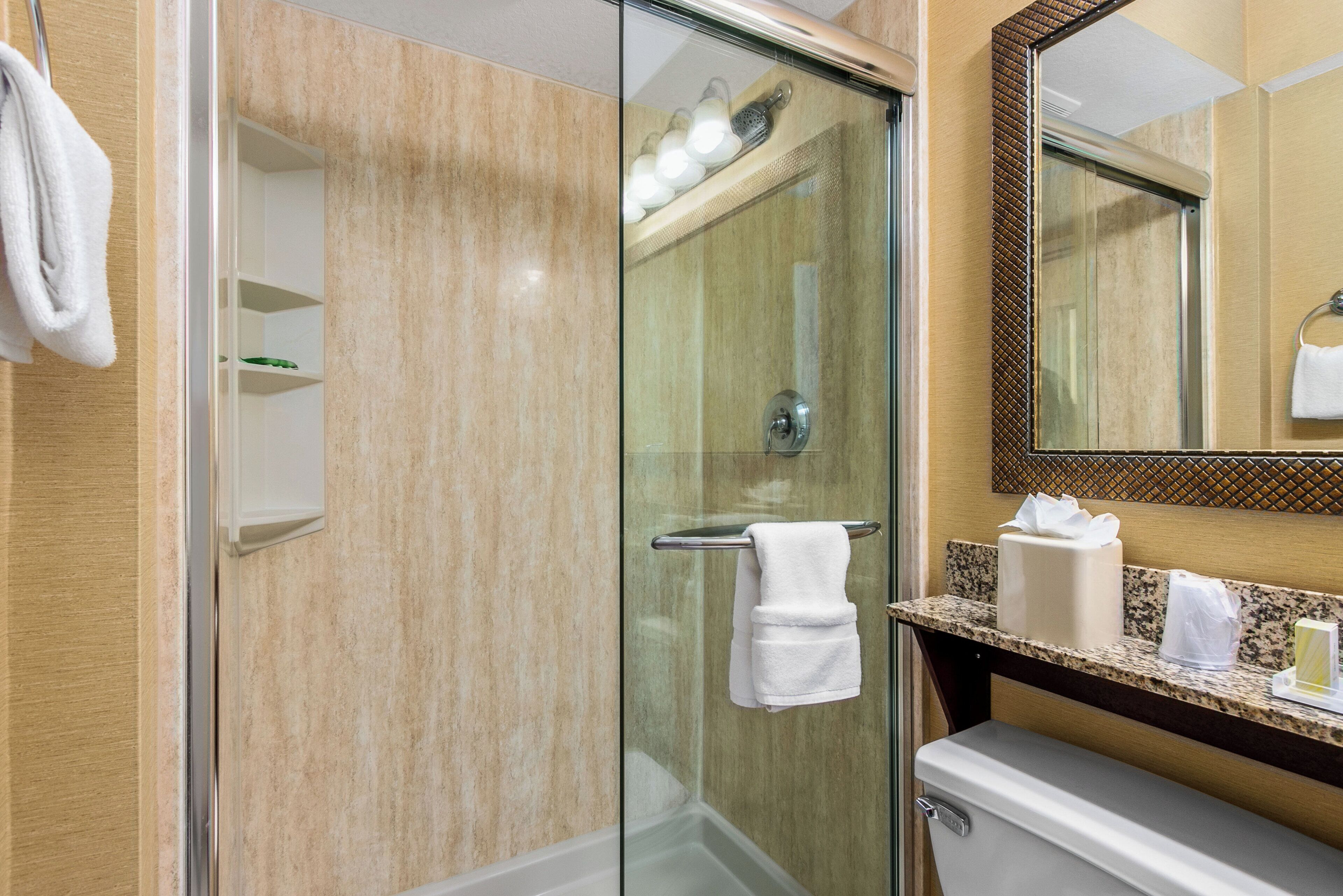 A modern bathroom with a glass-enclosed shower, a white sink, and a mirror with a decorative frame.