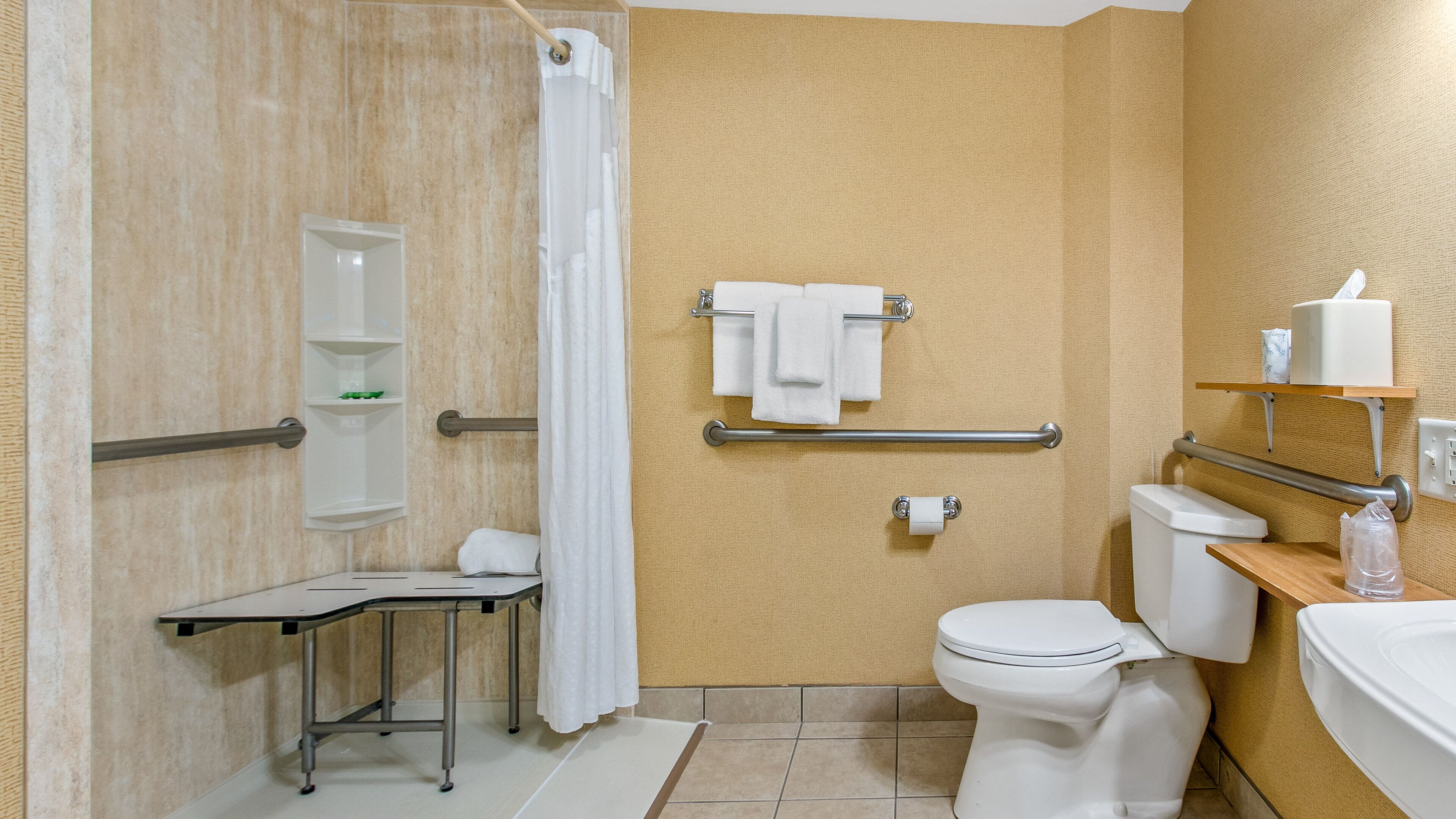 A bathroom with a shower, toilet, and sink. There are grab bars, a towel rack, and a shelf with toiletries.