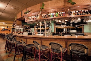 Zona de bar con distintas opciones de asientos y una variedad de botellas.
