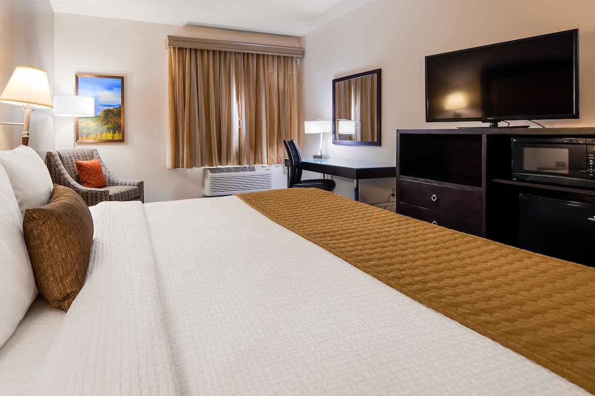 Une chambre d’hôtel avec un grand lit, un bureau avec une chaise, une télévision et un four à micro-ondes.
