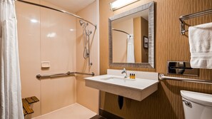 Chambre Standard, 1 très grand lit, accessible aux personnes à mobilité réduite | Salle de bain | Sèche-cheveux, serviettes fournies, savon, shampoing