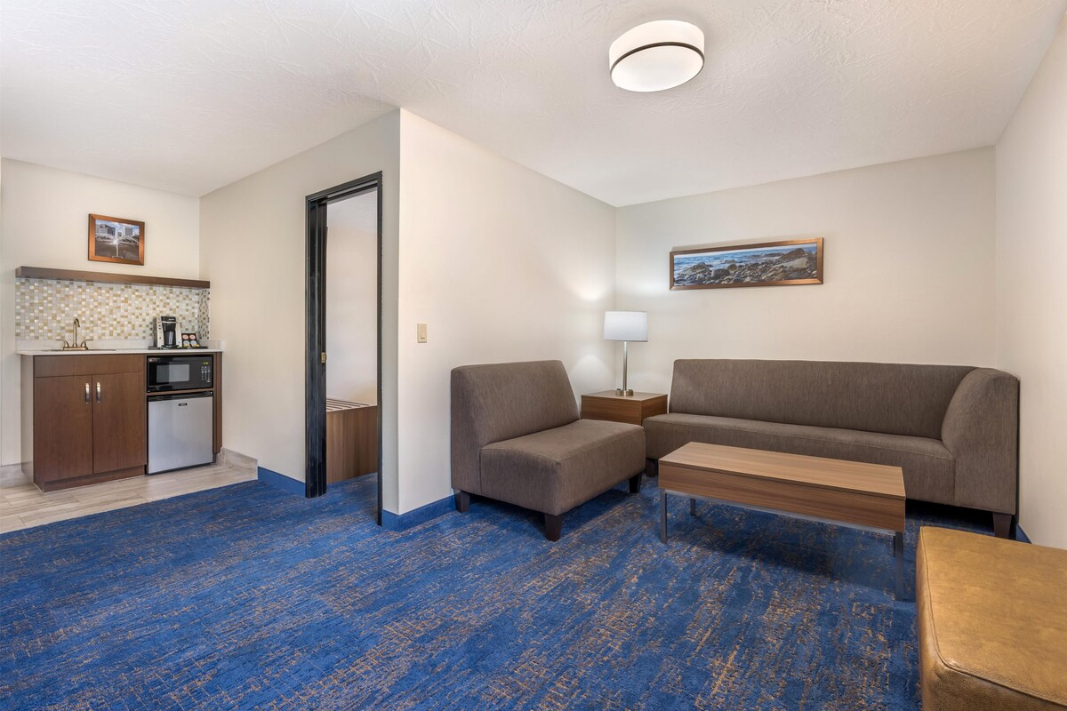 Een hotelkamer met een kitchenette, een bank, een kleine tafel en een schilderij aan de muur.