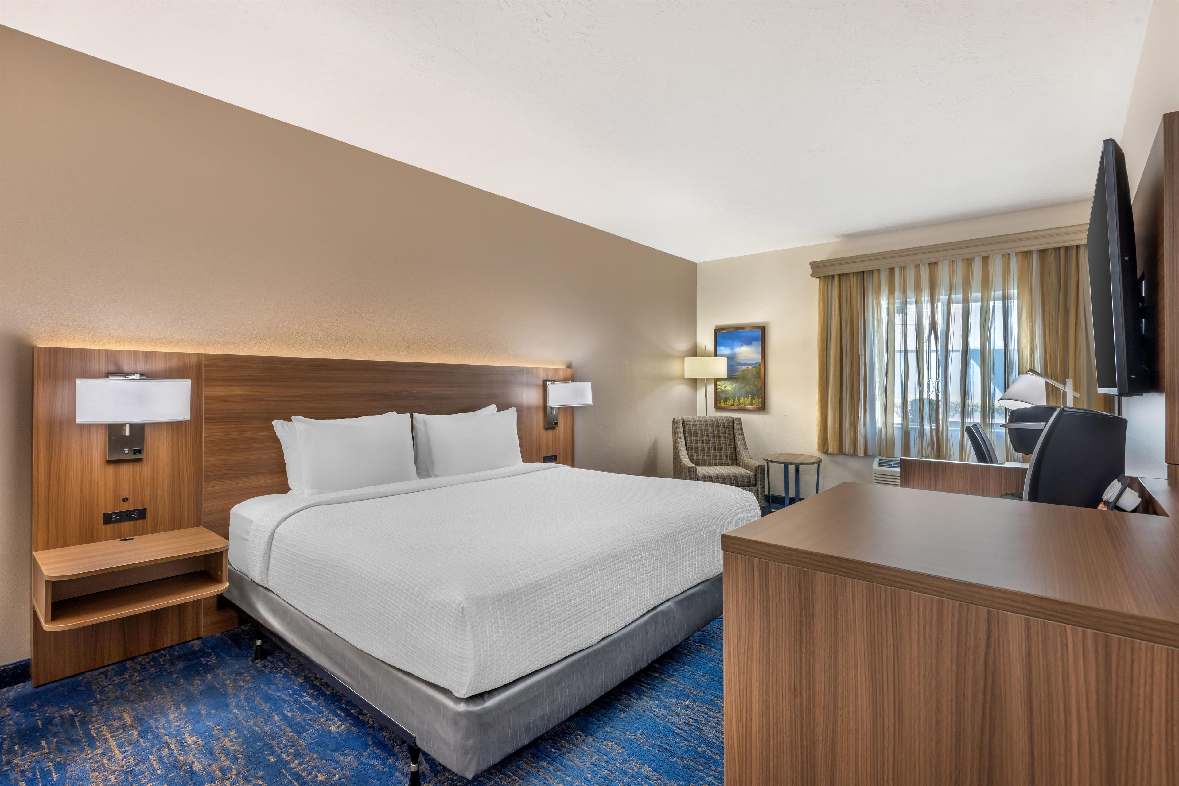 A hotel room with a large bed, a desk, a chair, a television, and a painting on the wall.