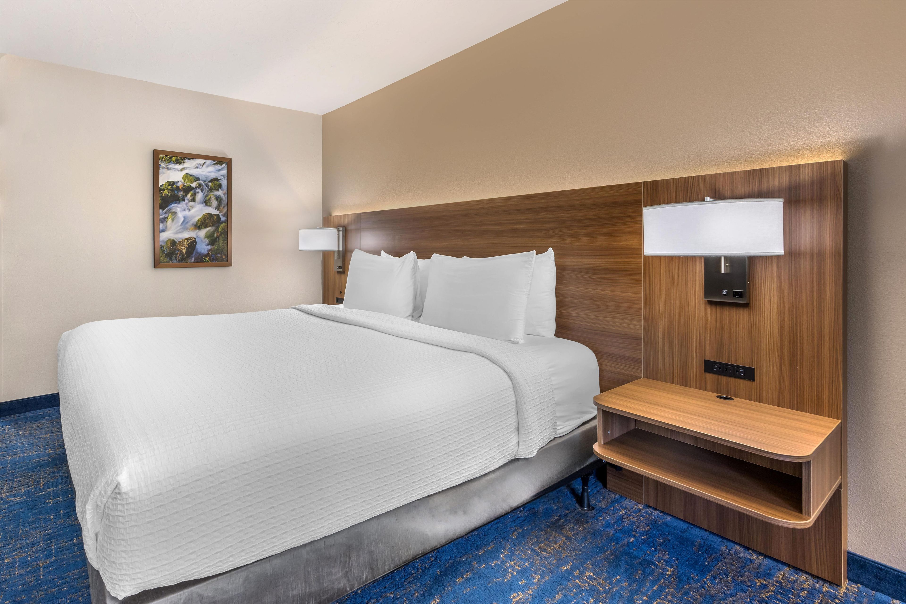Una habitación de hotel con una cama grande, una mesita de noche, una lámpara de pared y un cuadro en la pared.