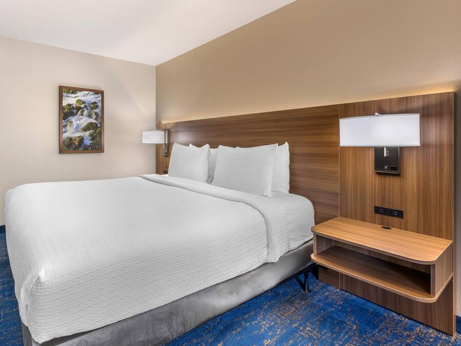 A hotel room with a large bed, a bedside table, a wall-mounted lamp, and a painting on the wall.