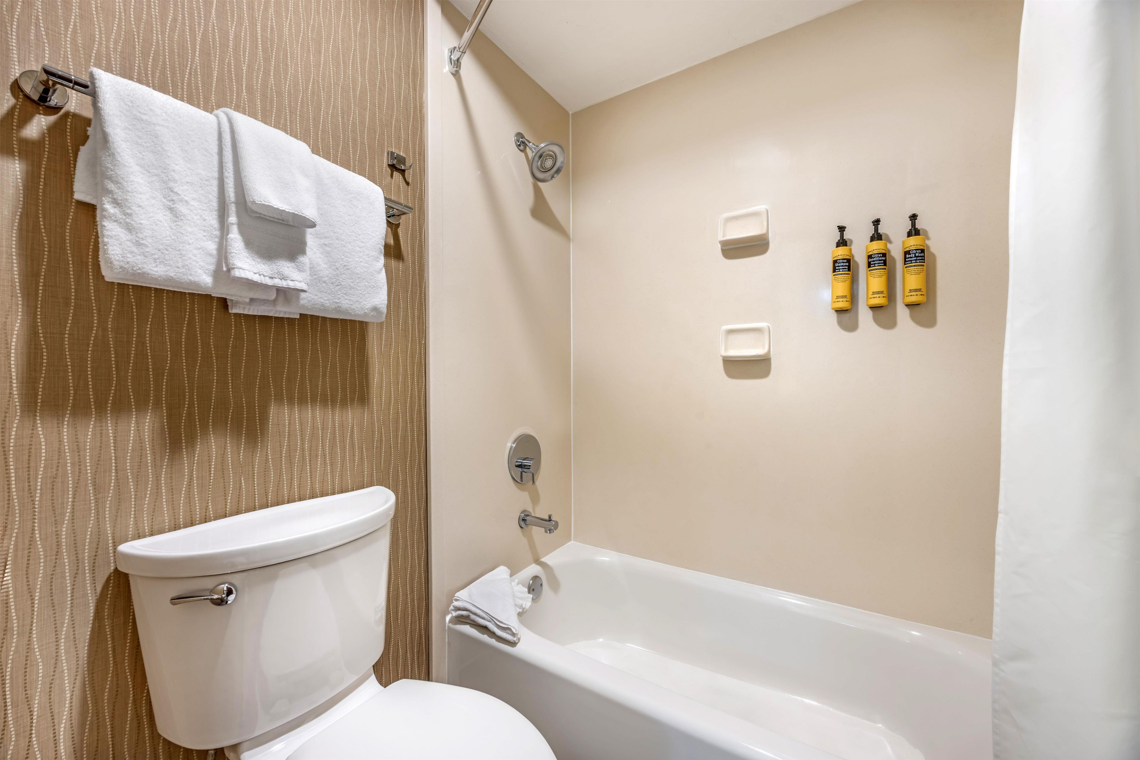 A bathroom with a toilet, a bathtub, and a shower. There are three bottles of shampoo on the wall.