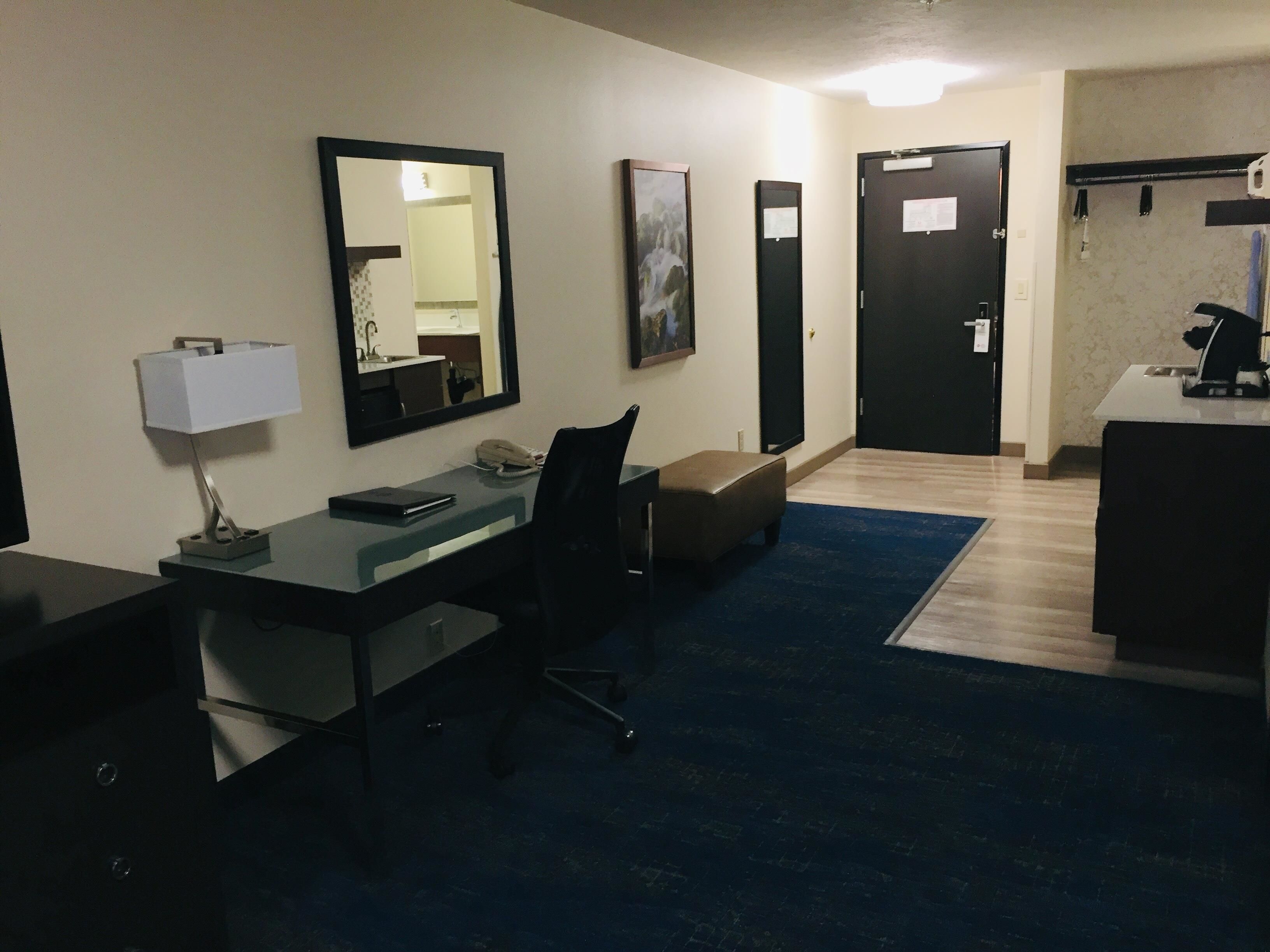 desk, blackout curtains, soundproofing, iron/ironing board