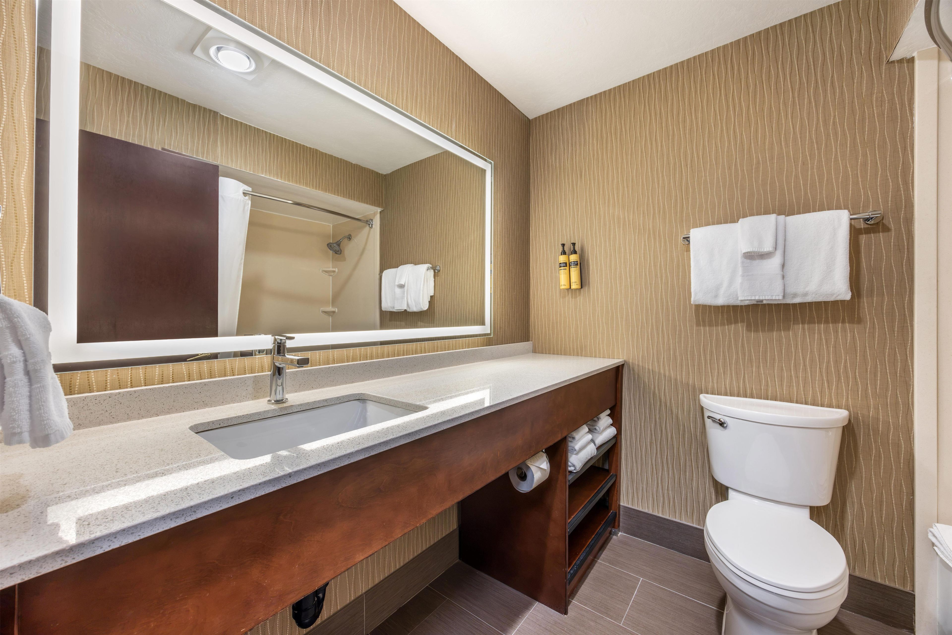 Un baño con un espejo grande, un lavabo, un inodoro y un perchero para toallas.
