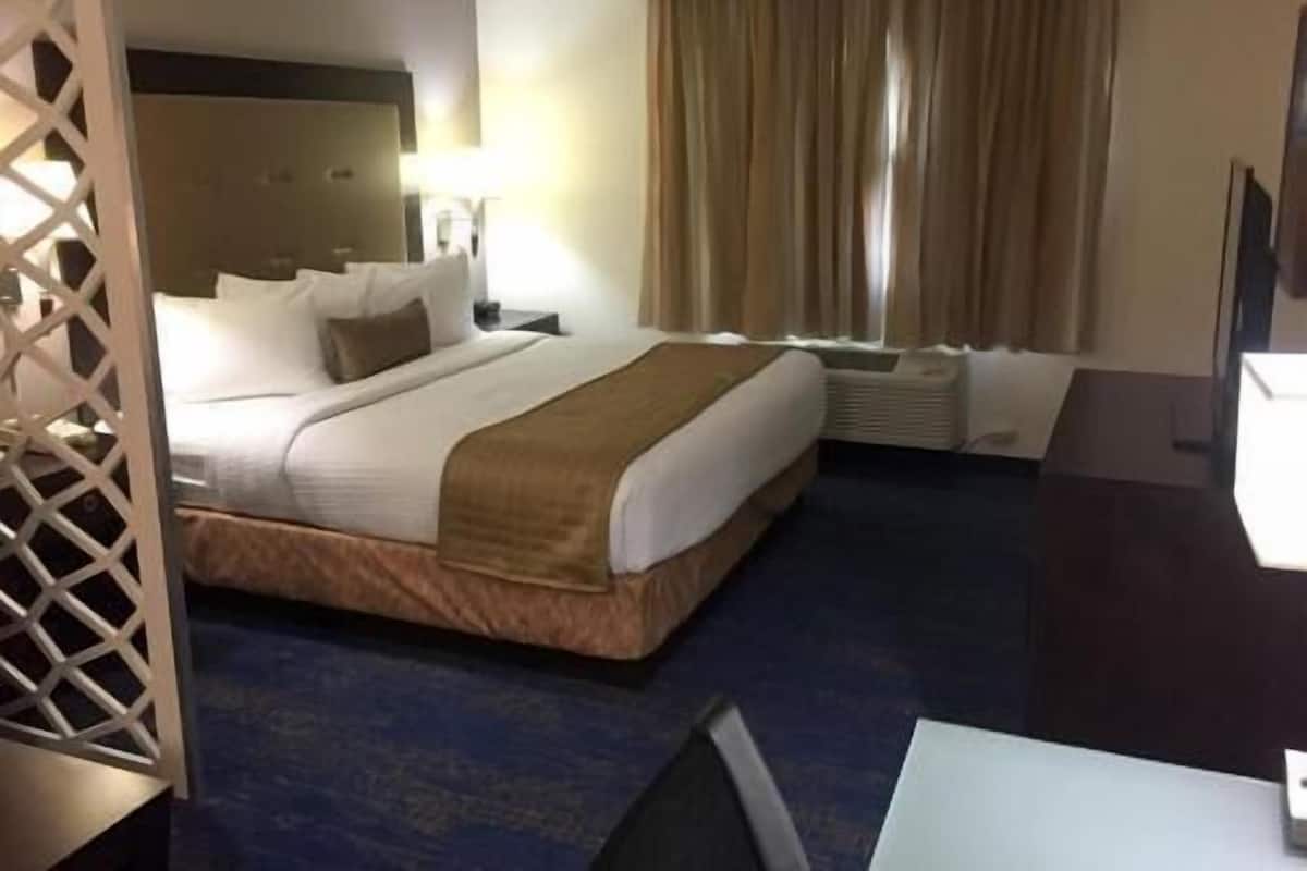 Une chambre d’hôtel équipée d’un lit, d’un bureau, d’une chaise, d’une télévision et d’une fenêtre avec des rideaux.