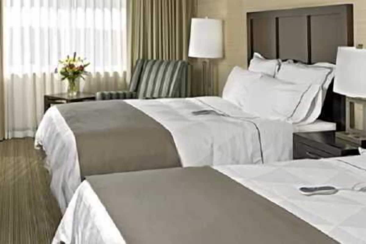A hotel room with two beds, a desk with a laptop, a television, and a vase with flowers.