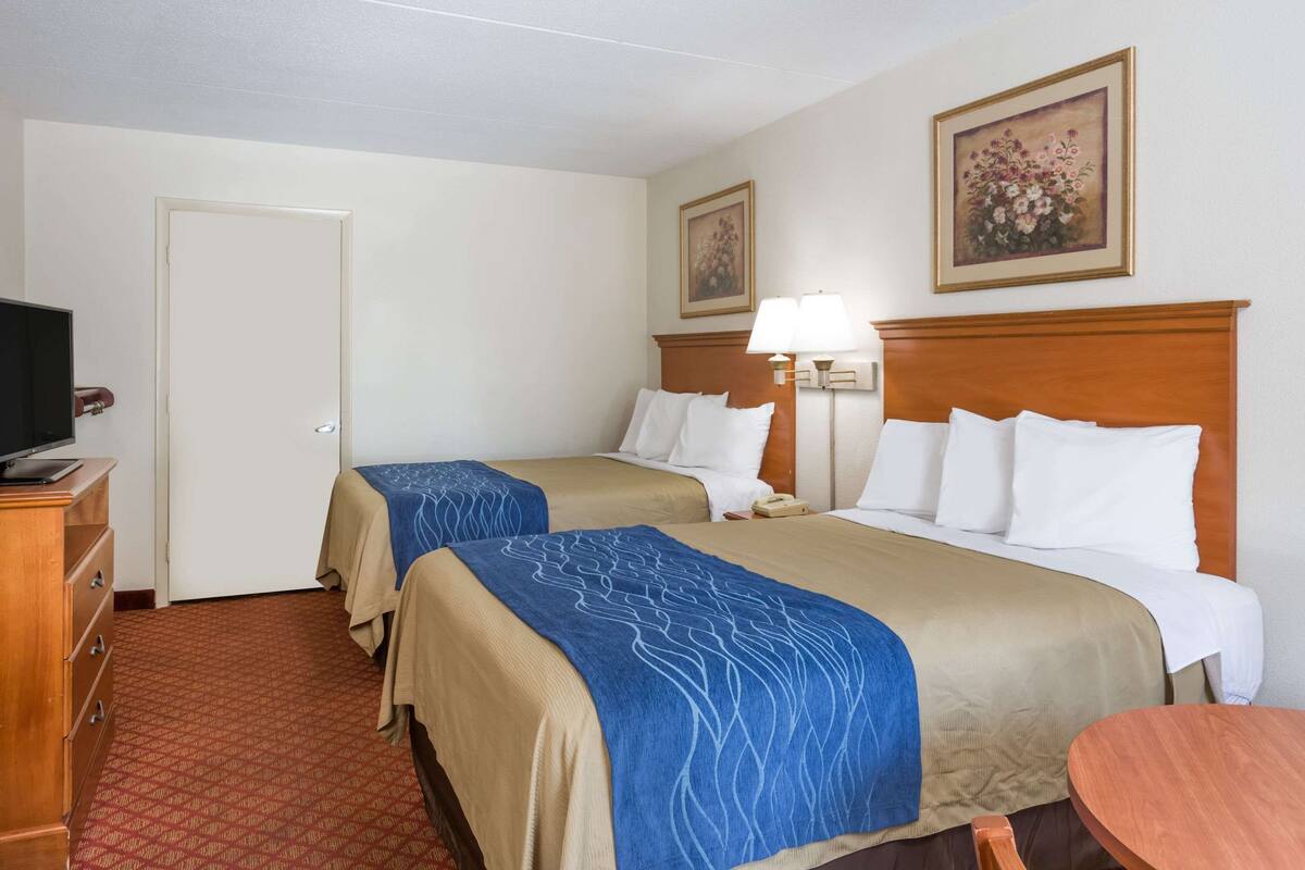 A hotel room with two beds, a wooden dresser, a television, and a painting on the wall.