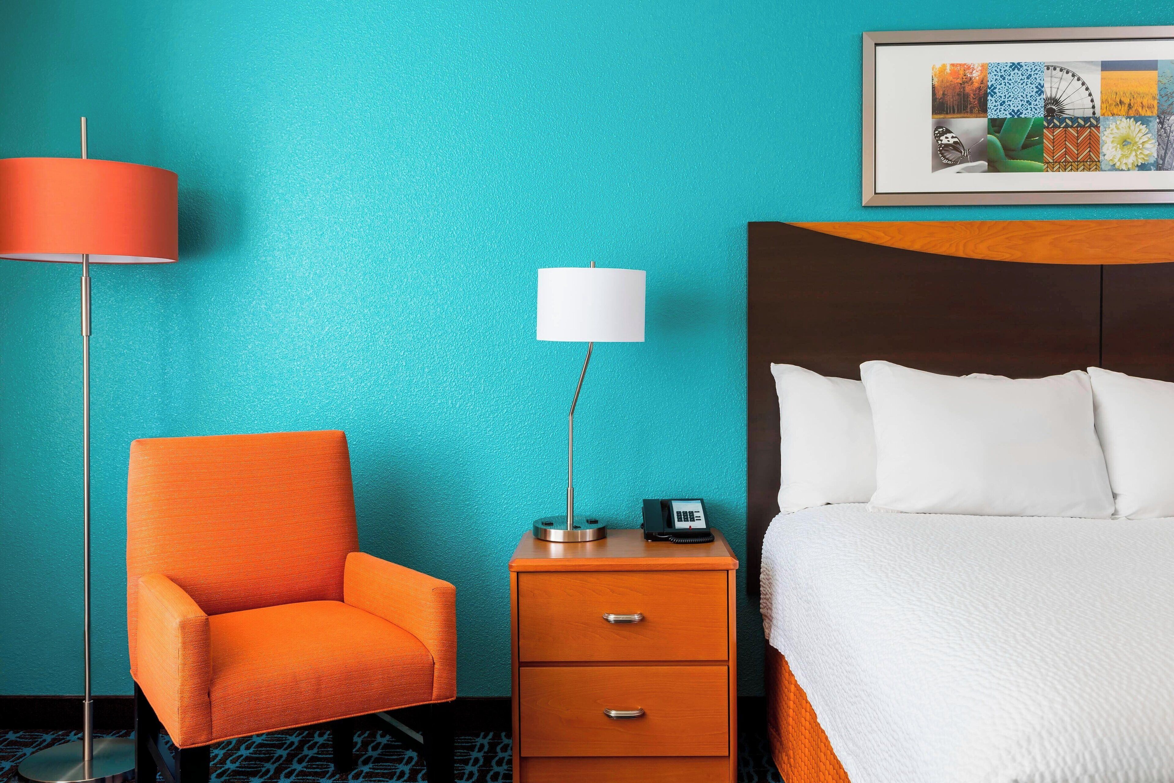 premium bedding, desk, blackout curtains, iron/ironing board