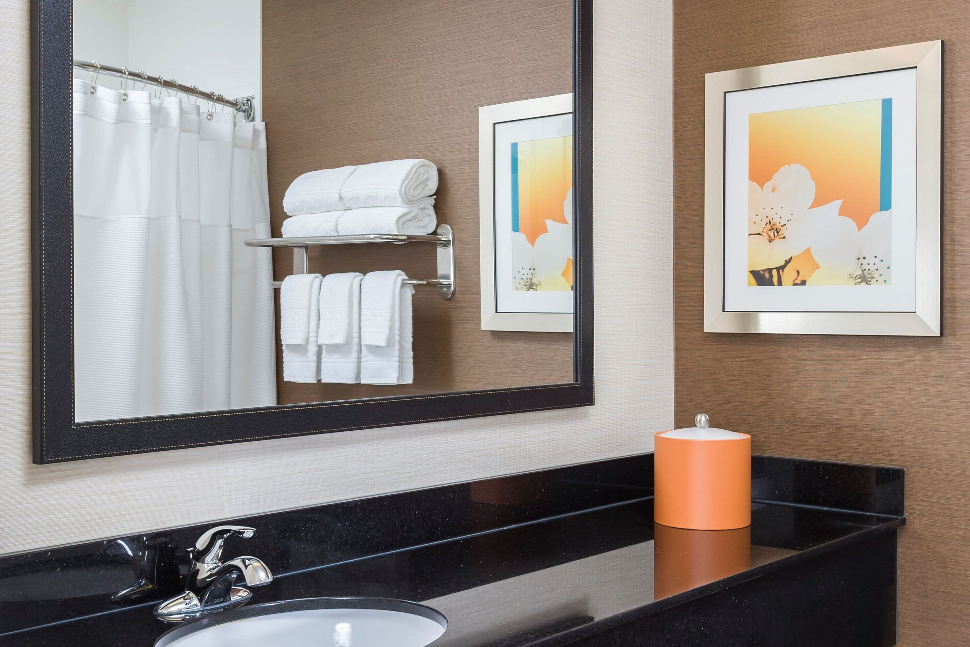 combined shower/bathtub, free toiletries, hair dryer, towels