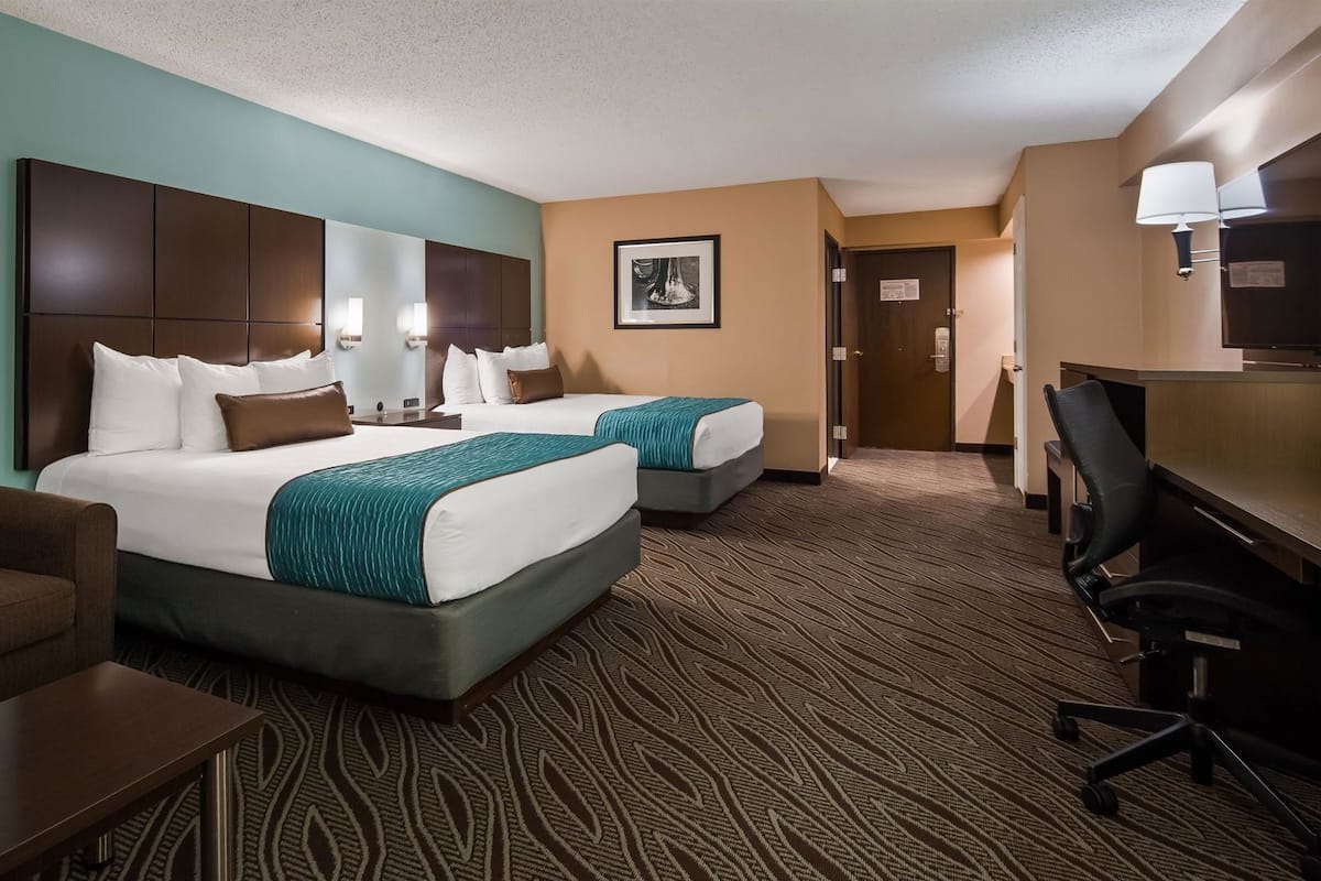 Pillowtop beds, desk, laptop workspace, iron/ironing board