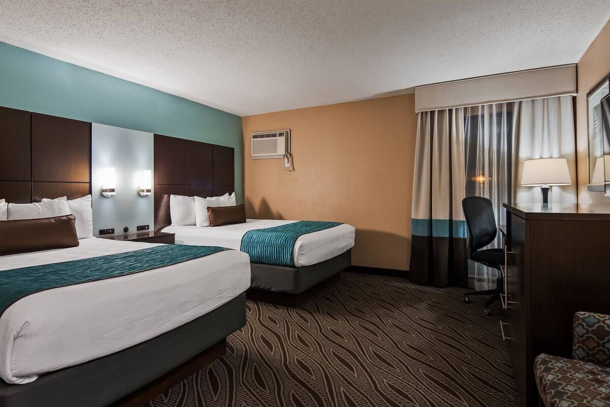 Pillowtop beds, desk, laptop workspace, iron/ironing board