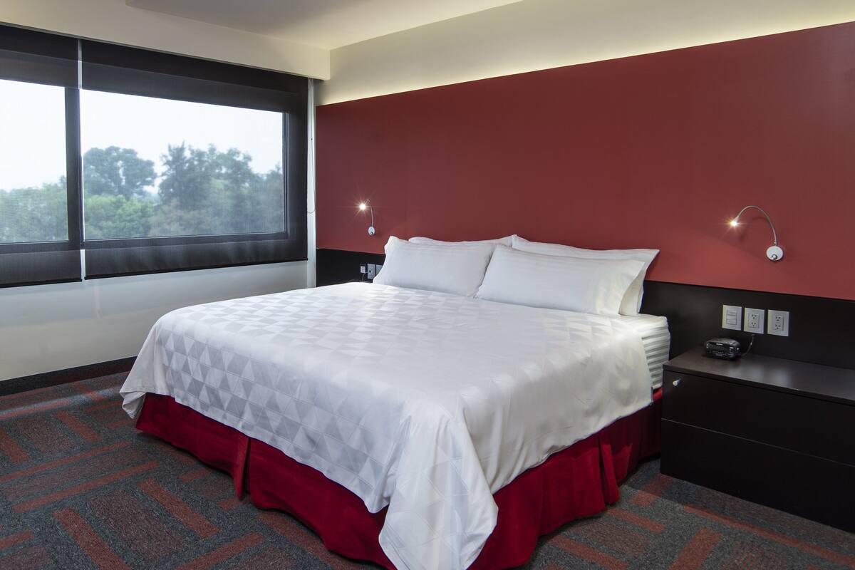 A hotel room with a large bed, a red accent wall, a window with a view of trees, and a nightstand with a lamp.