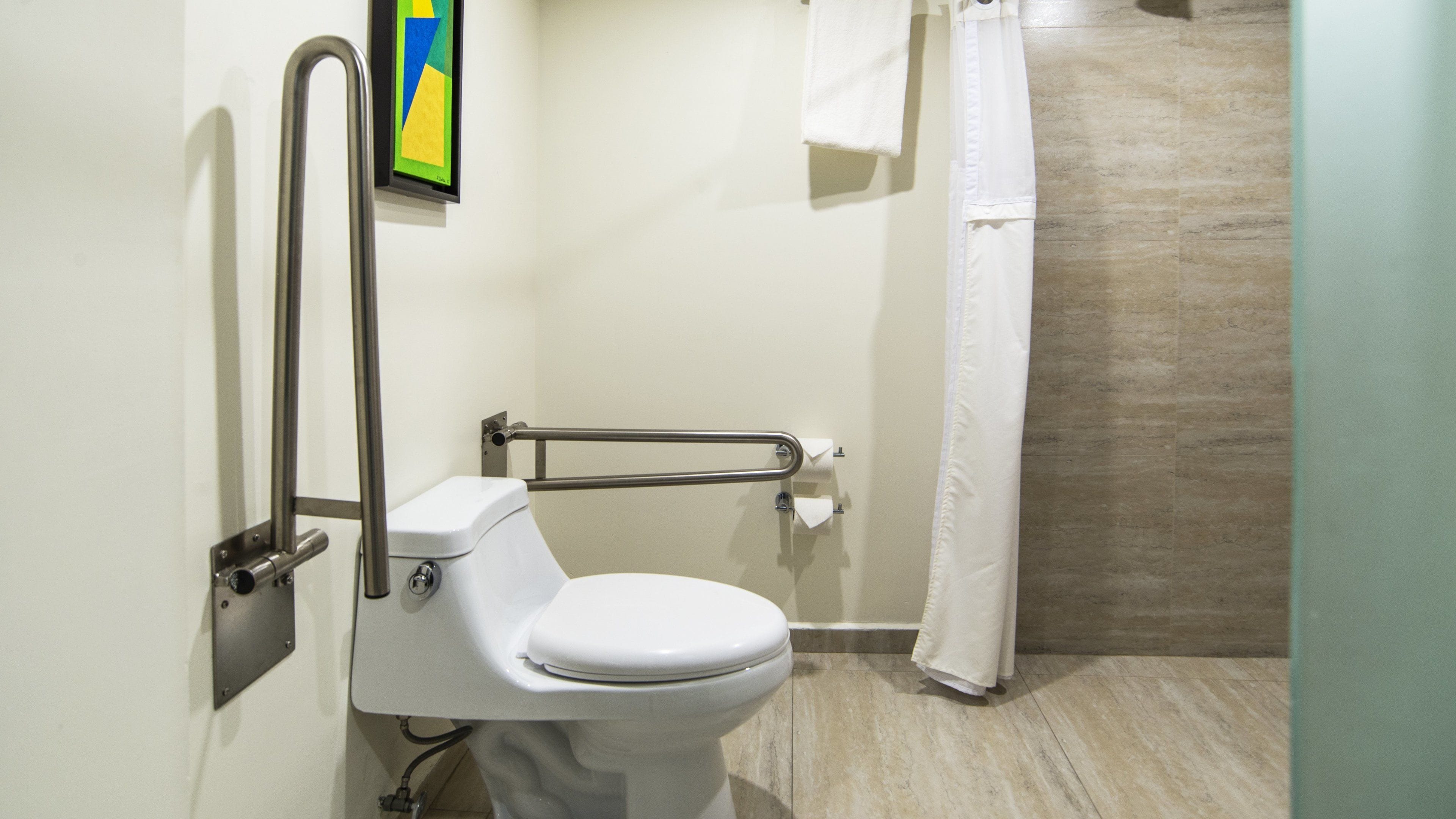 Et moderne badeværelse med toilet, gelænder, håndklæder og bruseforhæng.