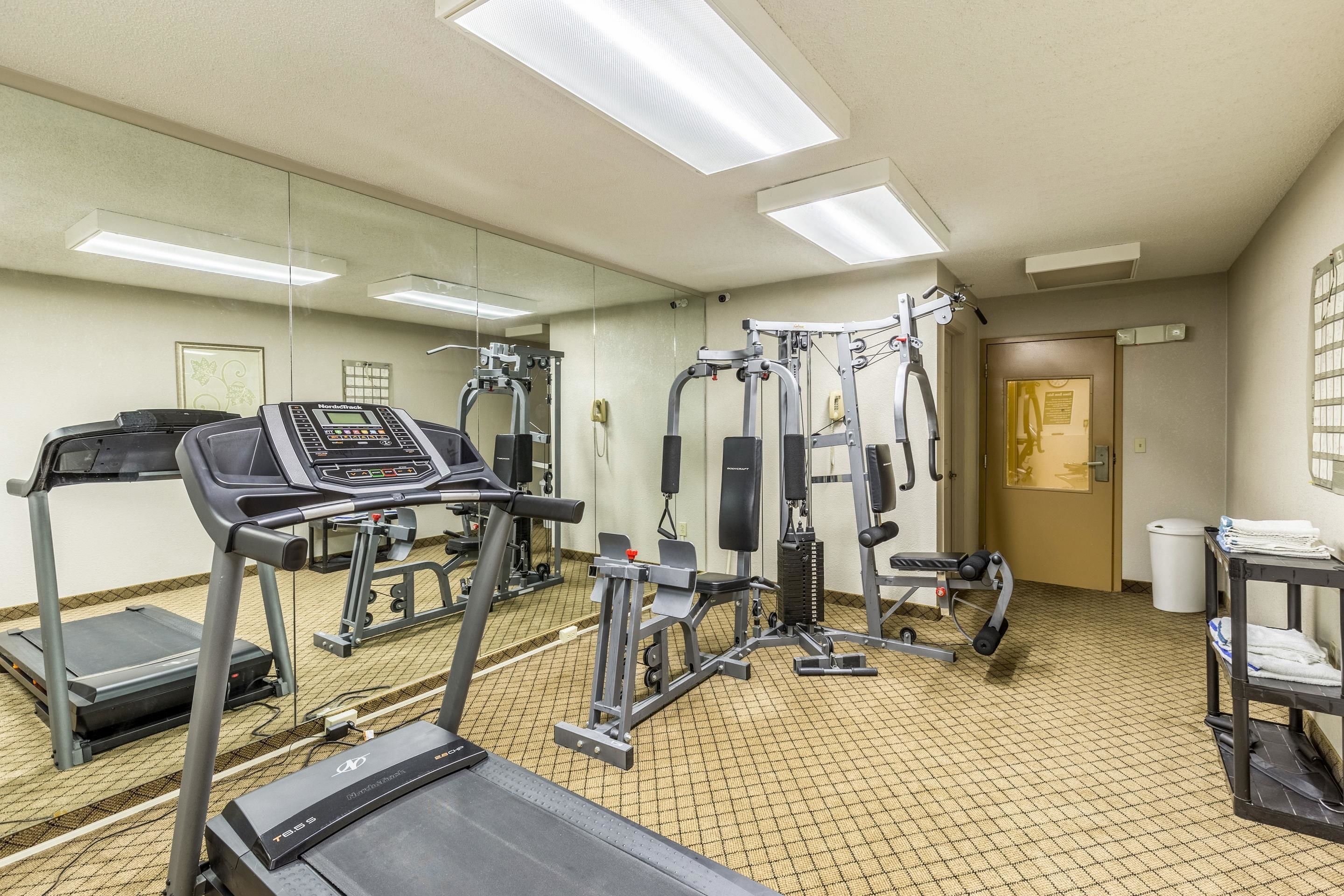 A gym with treadmills, weight machines, and a mirrored wall.
