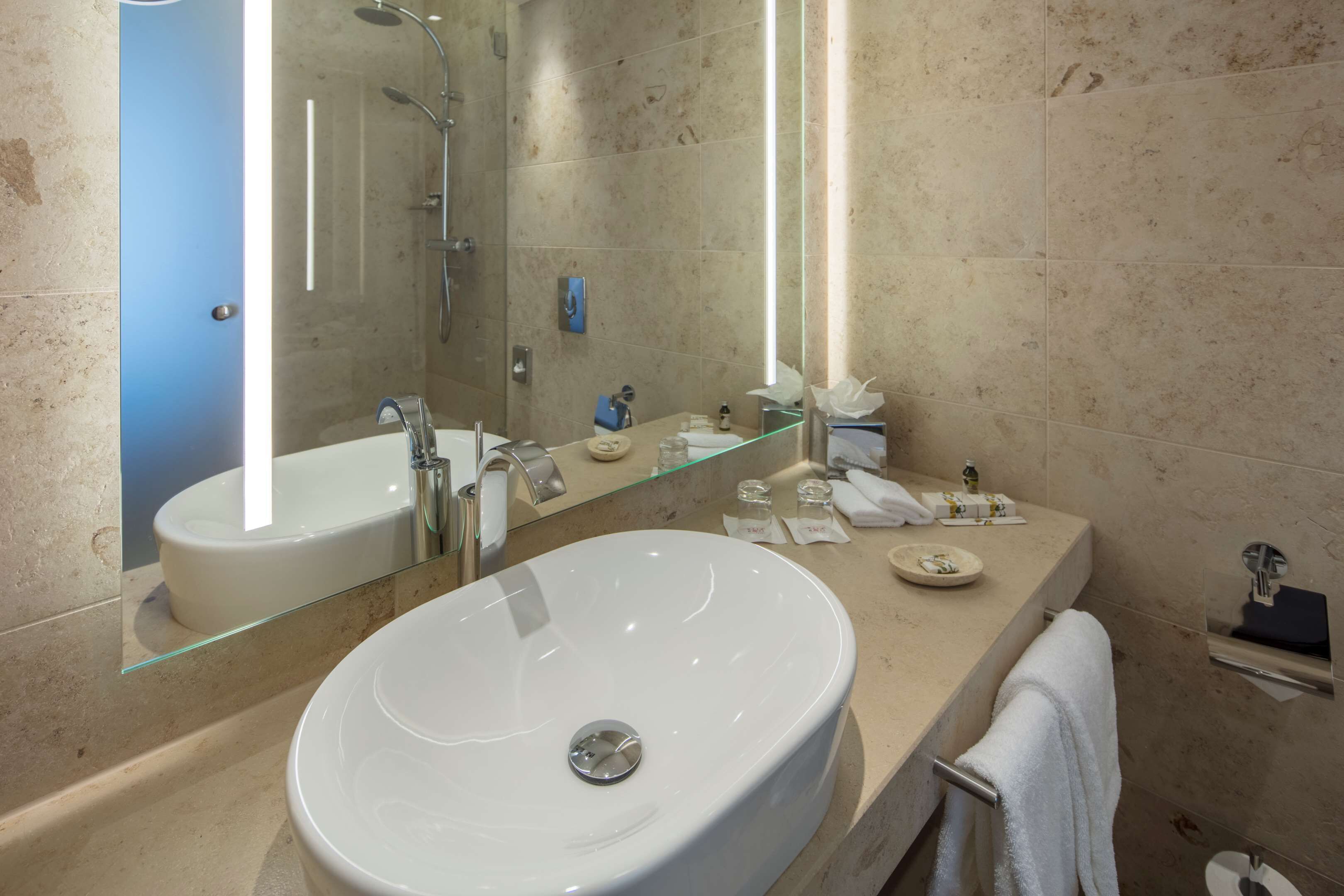 A modern bathroom with a large sink, a glass shower enclosure, and a mirror reflecting the space.