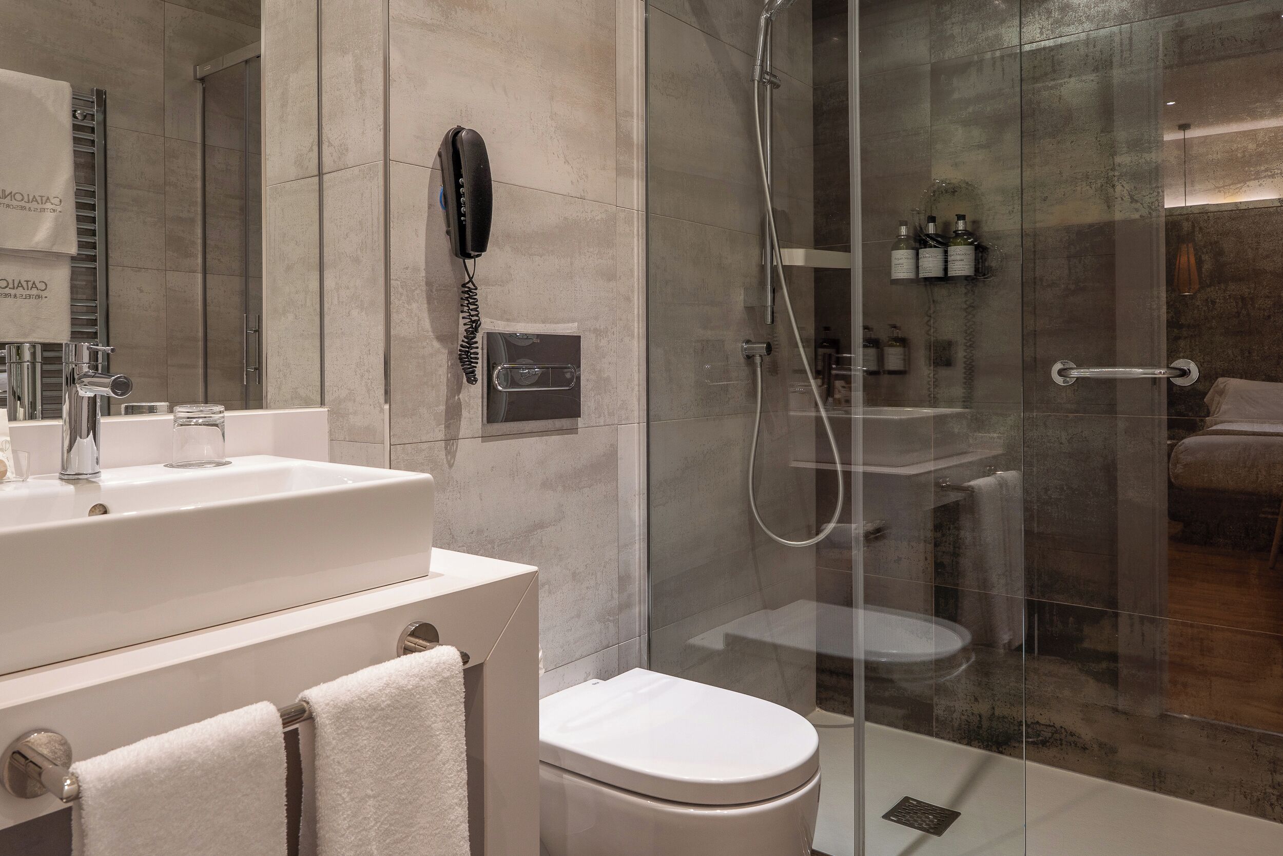 A modern bathroom with a glass-enclosed shower, a white sink, and a toilet.