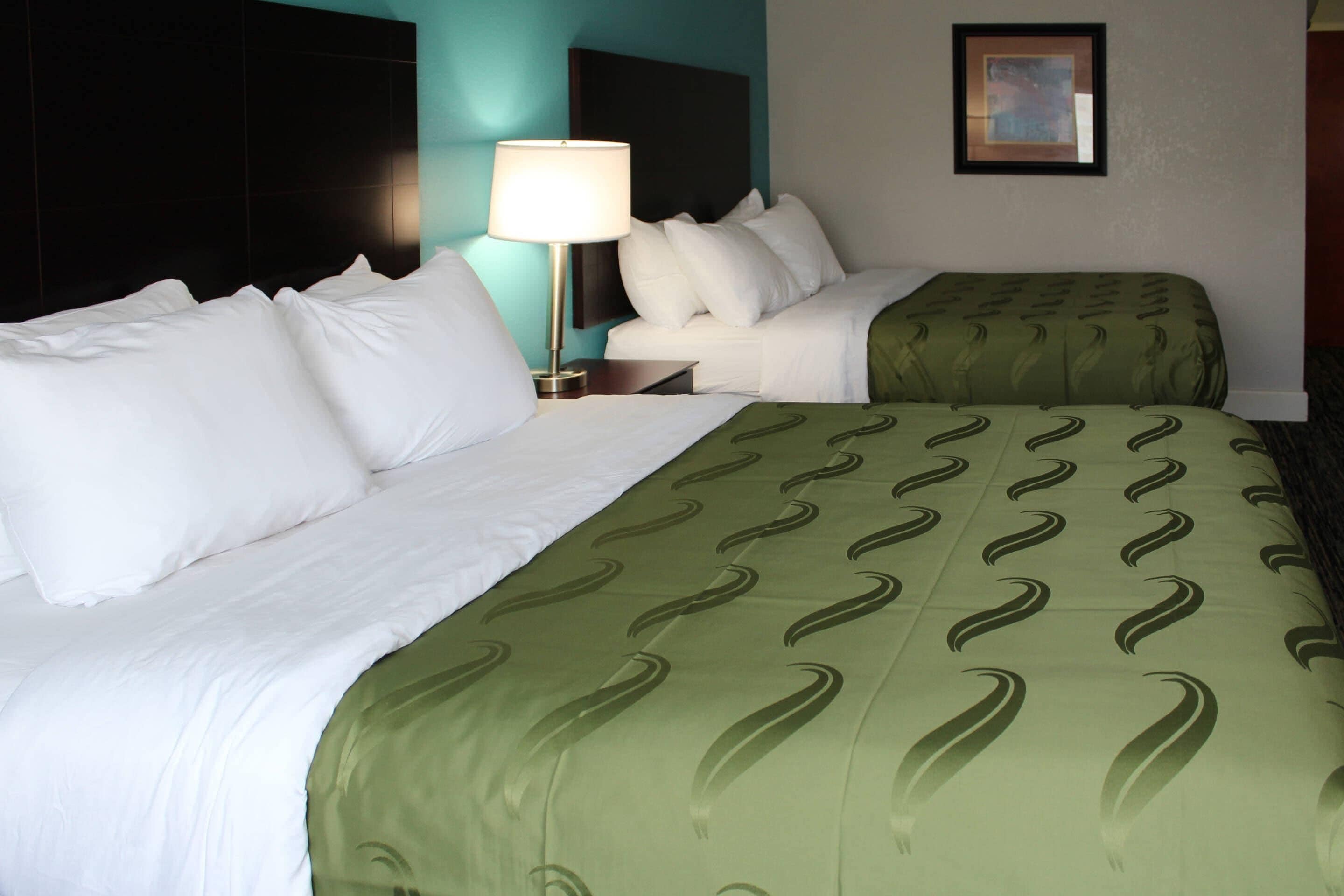 Una habitación de hotel con dos camas, una con ropa blanca y la otra con ropa de cama verde estampada. Hay una mesita de noche con una lámpara entre las camas.