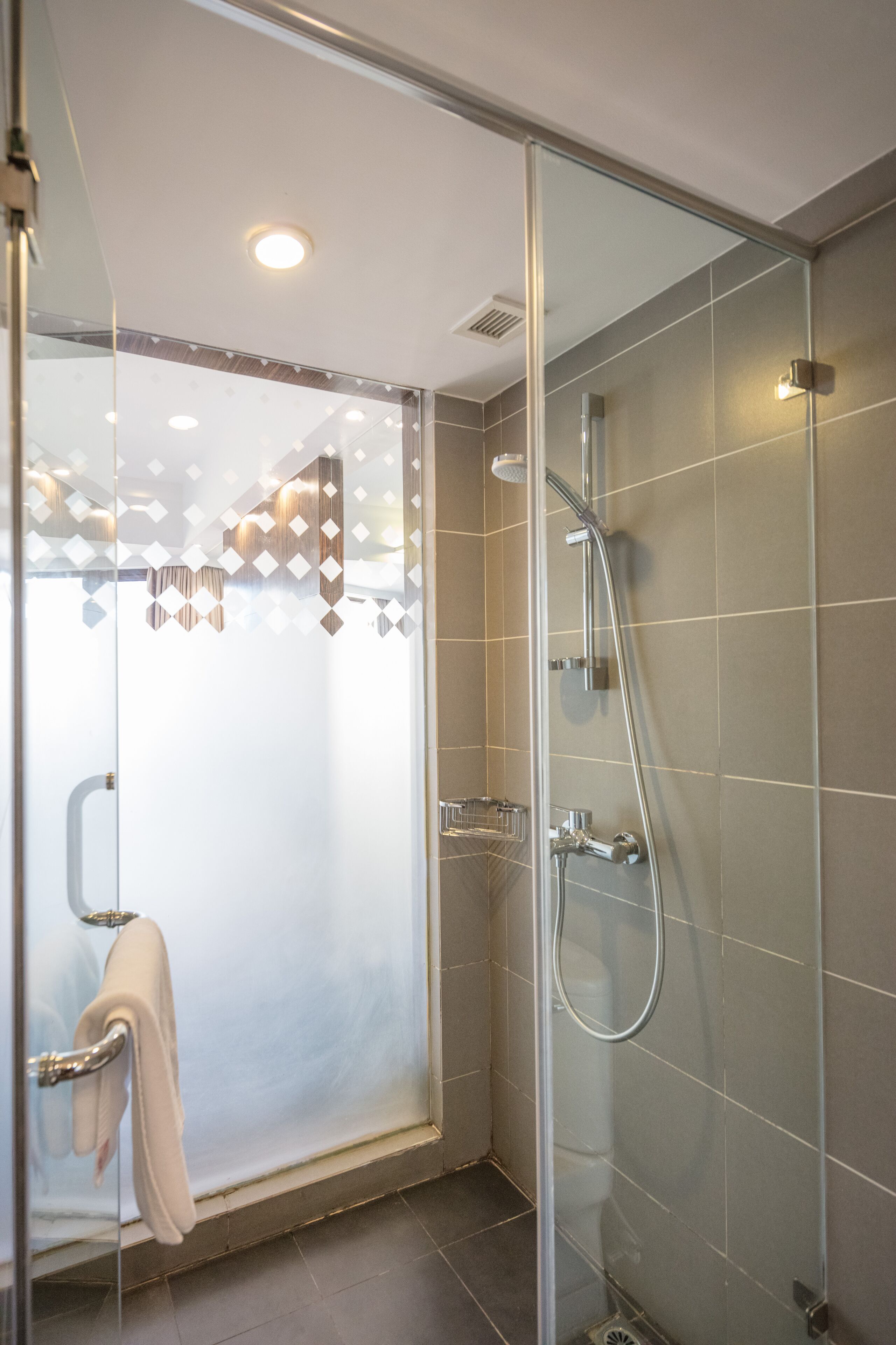 A modern shower area with a glass door, a handheld showerhead, and a towel rack.