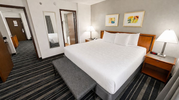 Habitación de hotel con una cama grande, mesitas de noche, un banco, un espejo y dos cuadros en la pared.