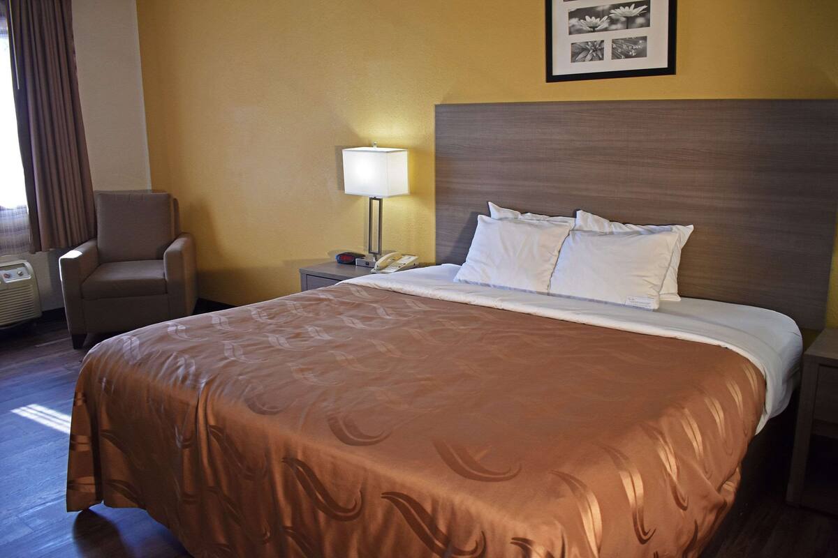 Une chambre d’hôtel avec un grand lit, une chaise, une table de chevet avec une lampe et un tableau encadré au mur.