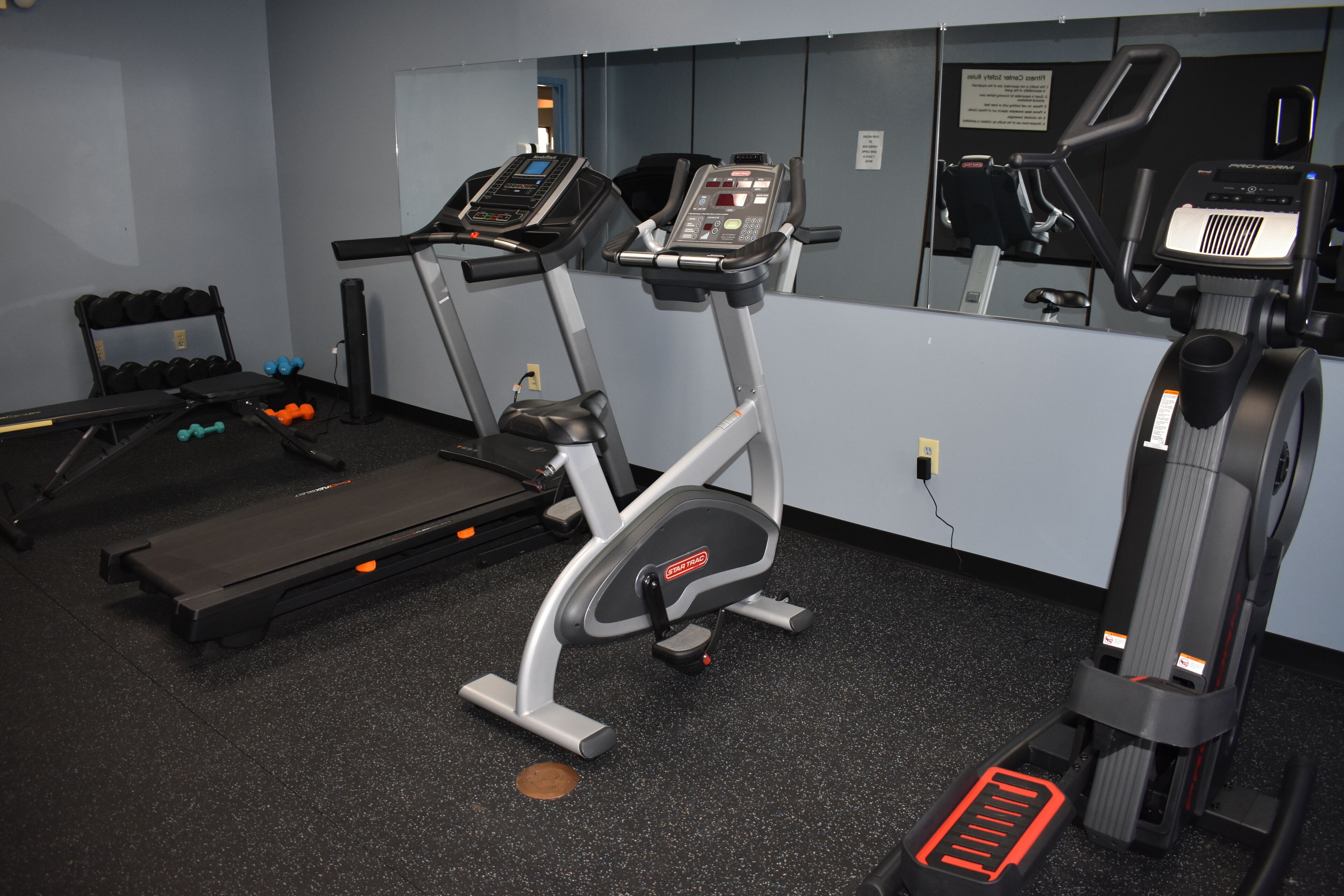 A gym with treadmills, elliptical machines, and free weights.