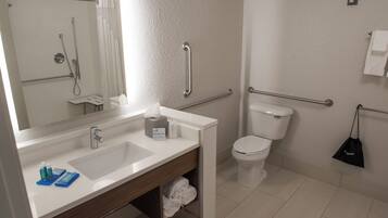 A modern bathroom with a sink, mirror, toilet, and handrails.