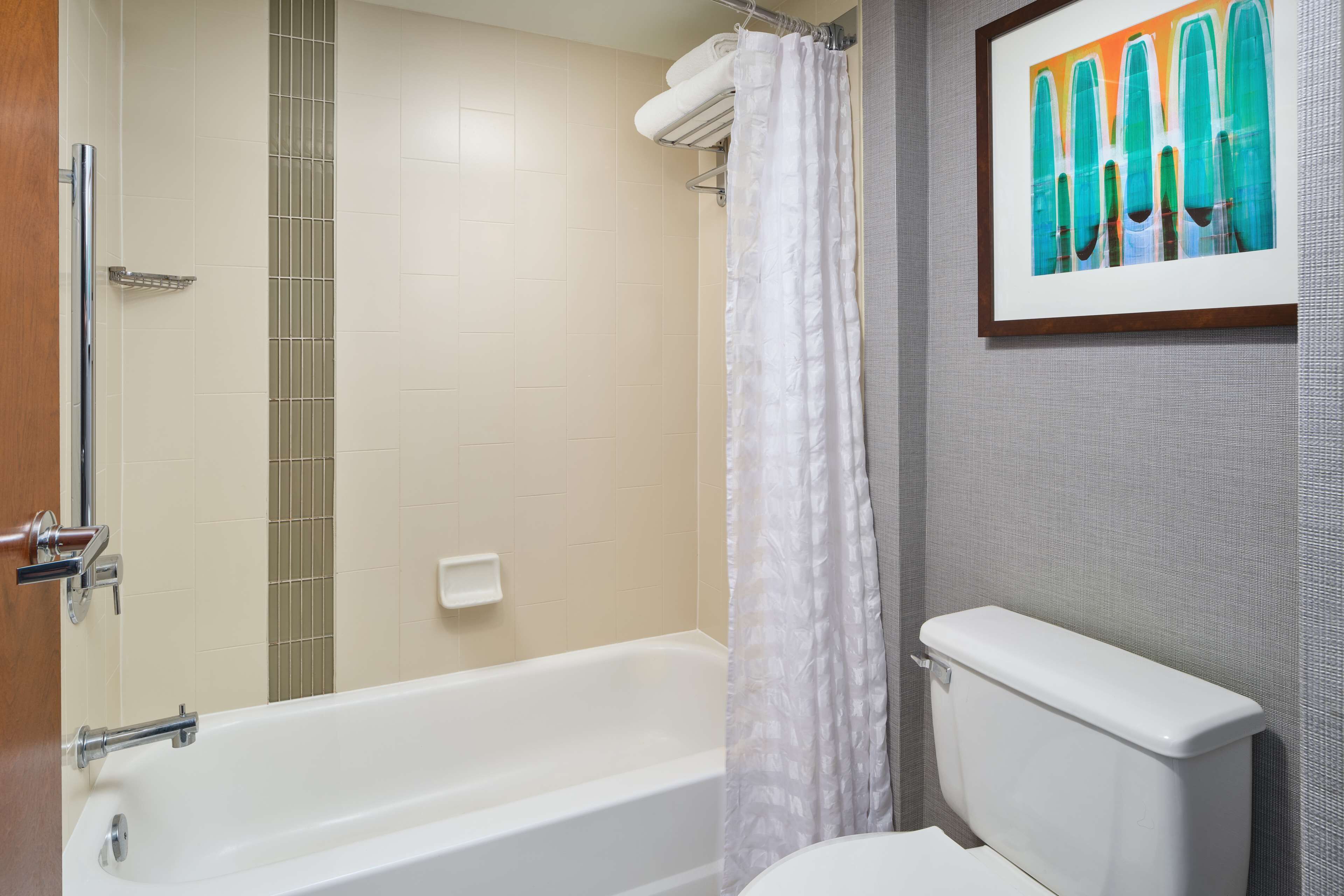 Un baño con bañera, inodoro y cortina de ducha.
