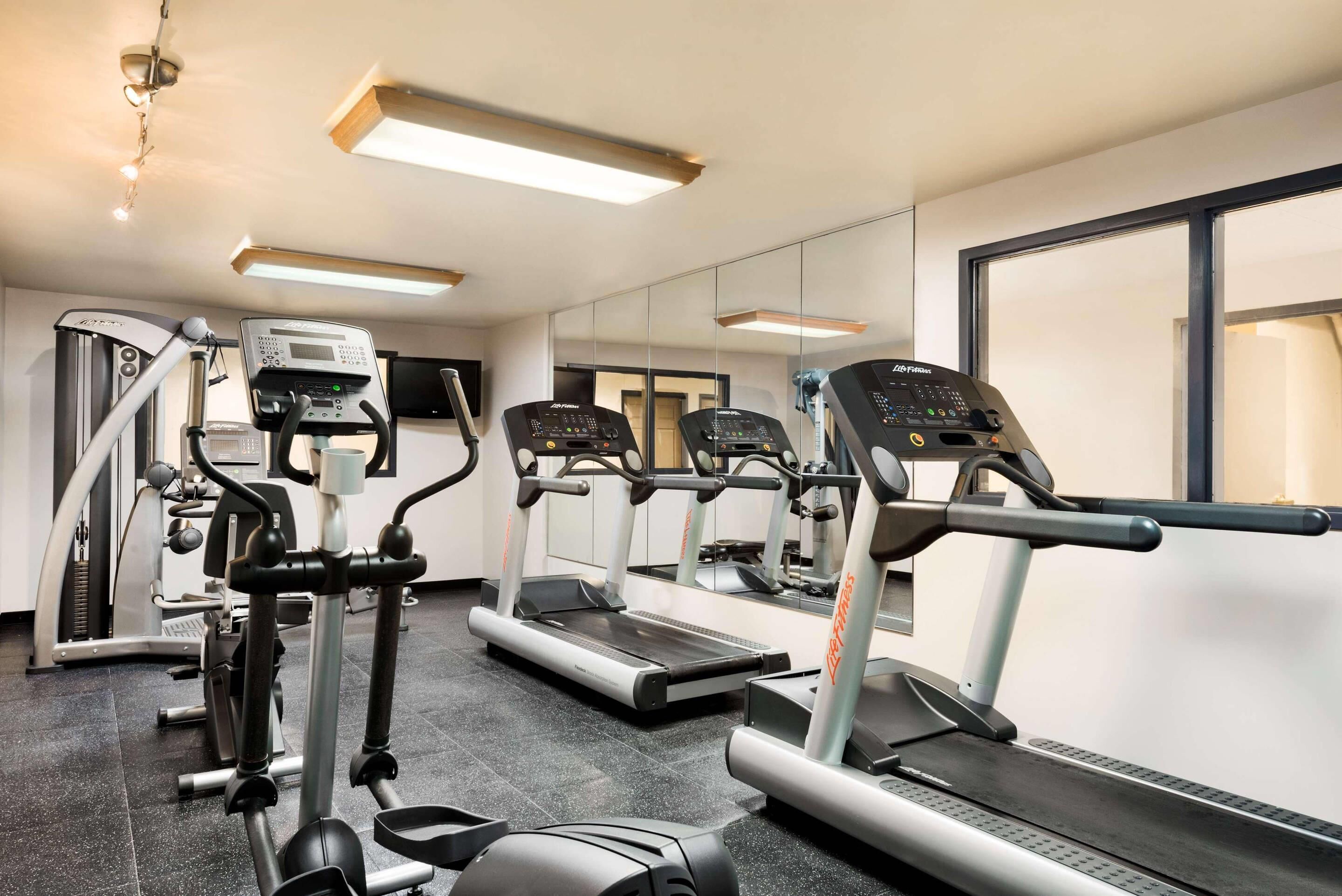 A gym with treadmills, ellipticals, and weight machines.