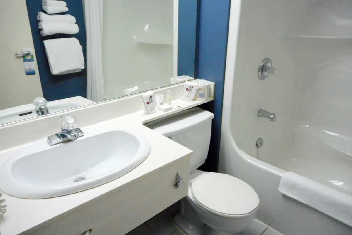 combined shower/bathtub, hair dryer, towels