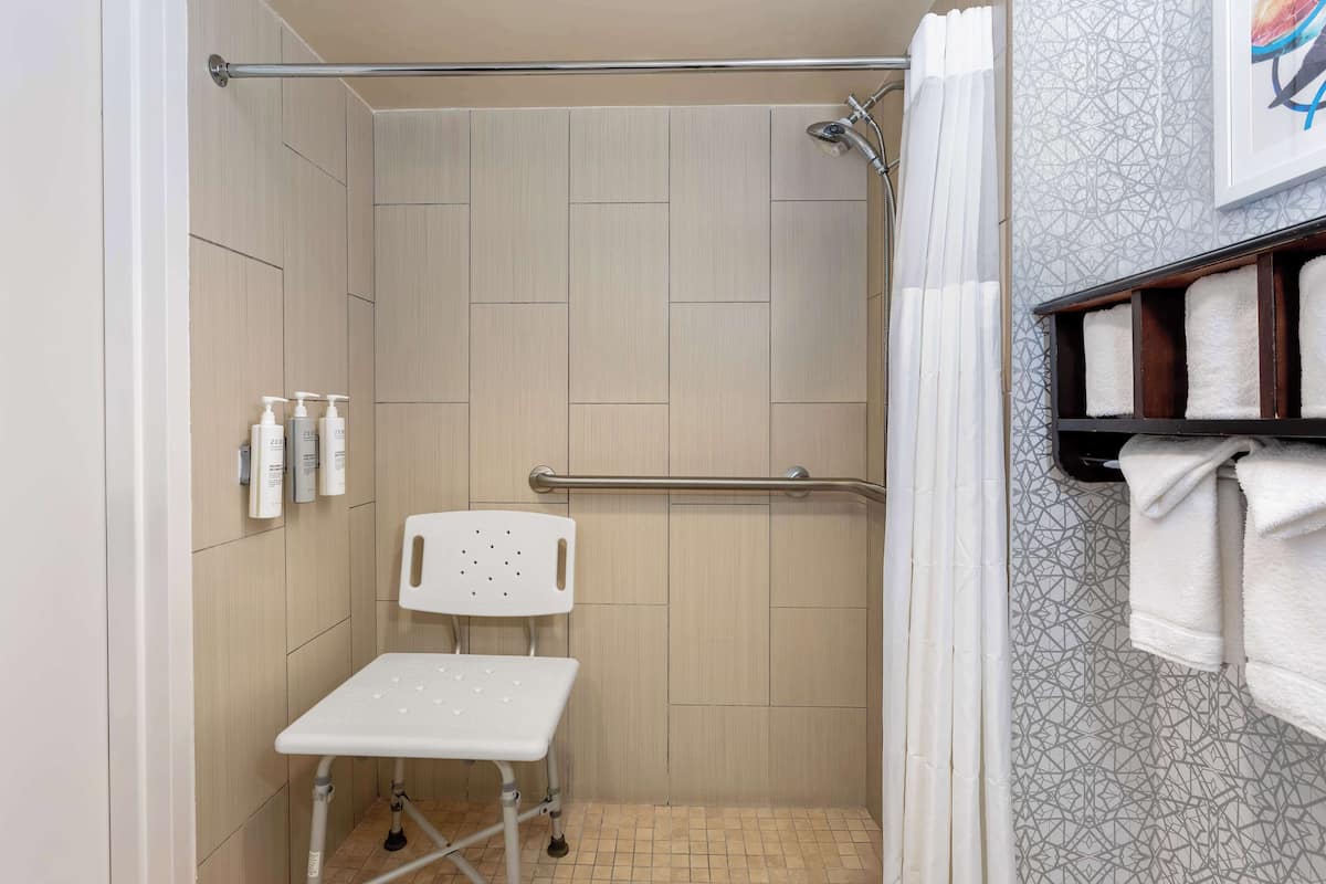 1 king bed, mobility access, roll in shower, non smoking | bathroom shower