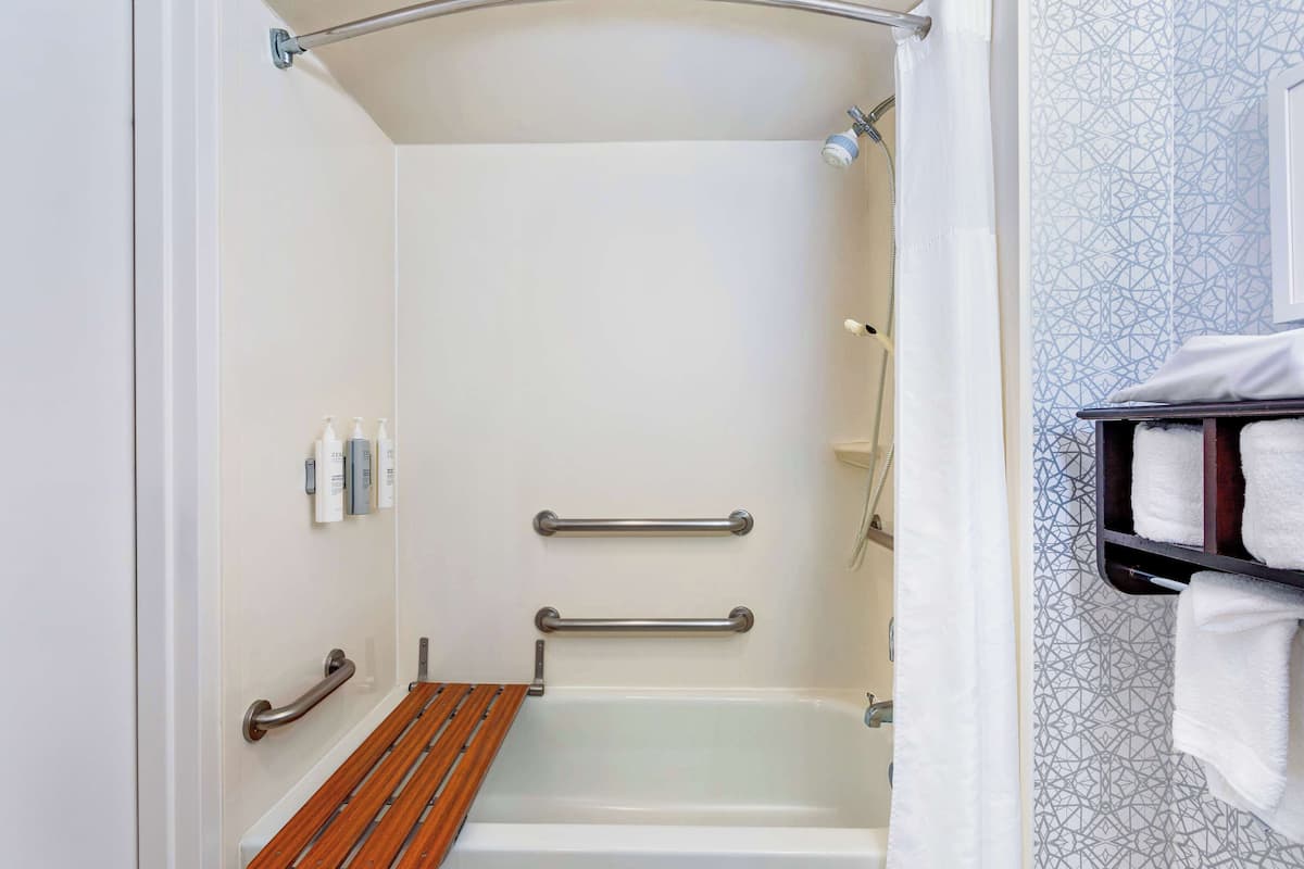 1 king bed, mobility access, with tub, non smoking | bathroom | hydromassage showerhead, designer toiletries, hair dryer, towels